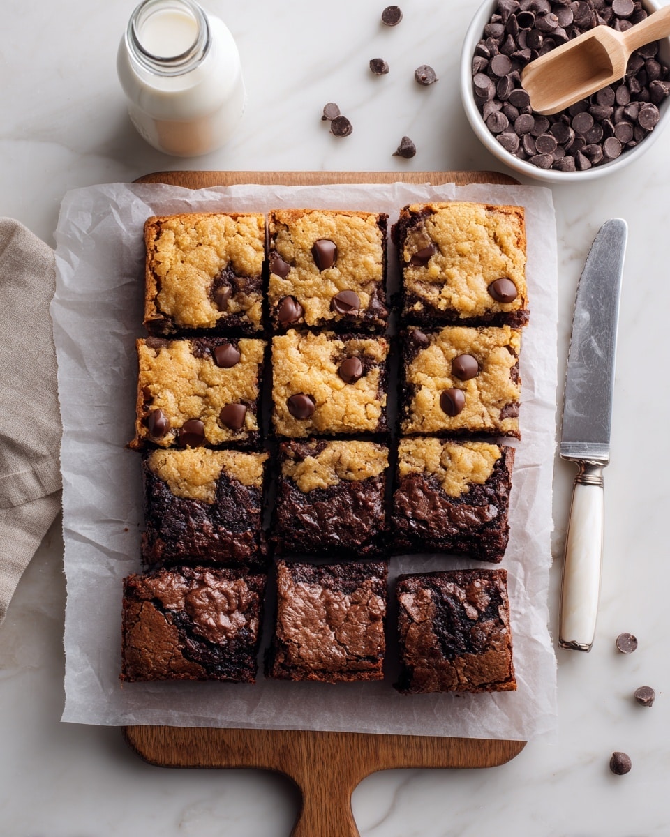 This image shows a batch of cookie brownies cut into 12 square pieces arranged in a 3x4 grid on white parchment paper over a wooden board. The top layer is golden brown cookie dough with visible dark chocolate chips scattered unevenly. The bottom layer is rich, dark brown brownie with a slightly crackled texture around the cookie areas. To the top left is a glass bottle of milk, and to the top right is a white bowl filled with chocolate chips and a light wooden scoop. On the right side of the board is a silver knife with a white mother-of-pearl handle. The whole setup is on a white marbled surface. photo taken with an iphone --ar 4:5 --v 7