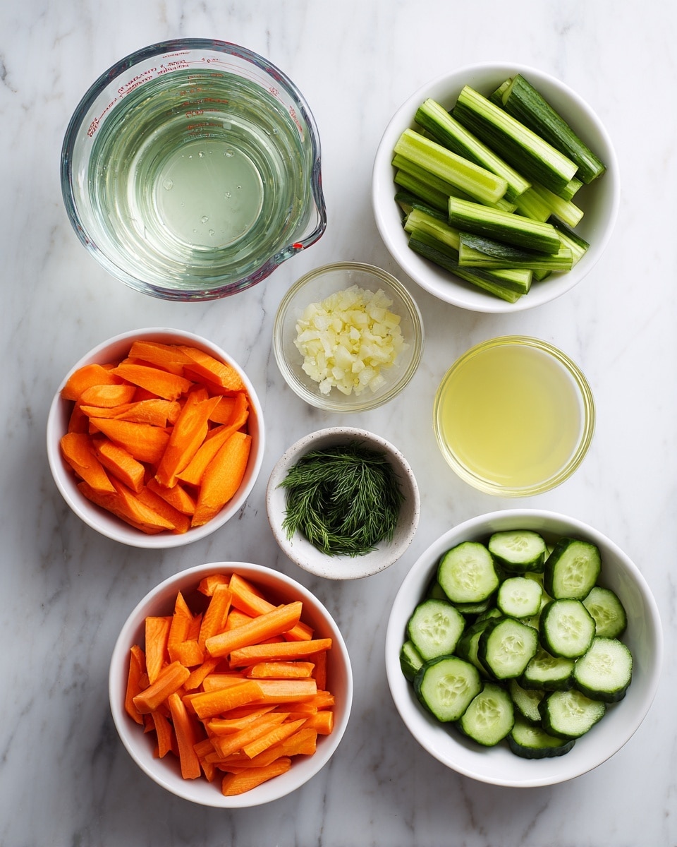 The image shows eight bowls and two measuring cups arranged on a white marbled surface. From the top left, there is a clear glass measuring cup filled with water, next to a white bowl with cucumber sticks that are dark green on the outside and pale green inside. Below the cucumber sticks is a white bowl filled with bright orange carrot sticks. Below the water is another clear glass measuring cup filled with a pale yellow liquid. In the middle is a small white bowl with dark green dill leaves. Below, a white bowl holds medium-sized carrot slices showing their bright orange color. To the right, a small white bowl contains minced garlic with a creamy, off-white color. Finally, at the bottom right, a white bowl is filled with cucumber slices, showing a circular shape with dark green edges and light green centers. The arrangement creates a balanced and colorful spread of fresh ingredients. photo taken with an iphone --ar 4:5 --v 7