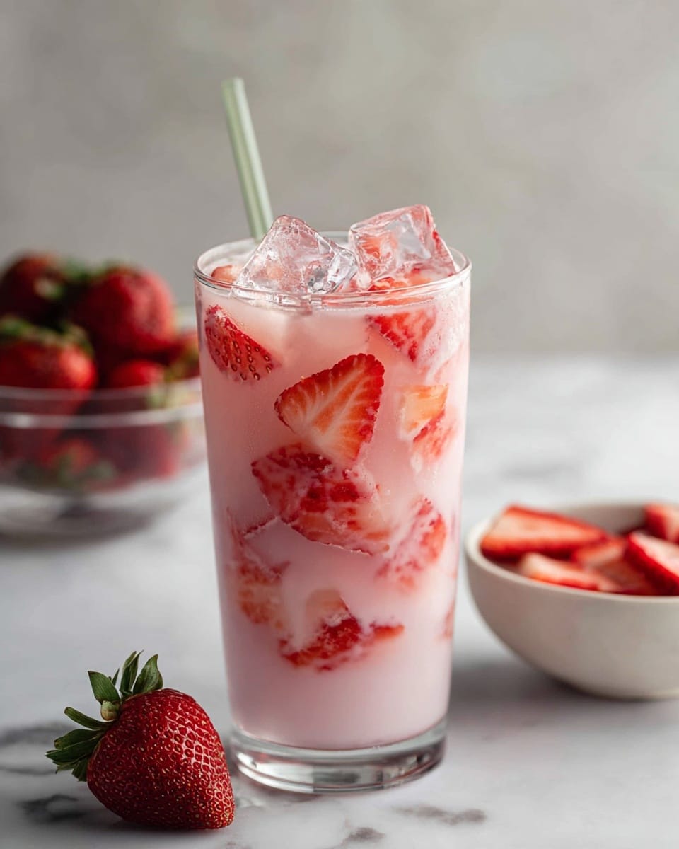 A tall clear glass filled with a light pink creamy drink, showing many small and large slices of bright red strawberries floating inside. On top, there are several clear ice cubes and a few strawberry slices sitting above the liquid. A green straw is inserted on the left side of the glass. In the background, there is a glass bowl with whole red strawberries and a white bowl with sliced strawberries, all set against a white marbled surface. photo taken with an iphone --ar 4:5 --v 7