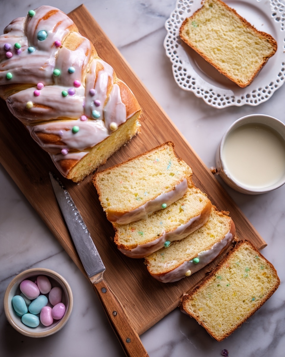 The image shows a large braided loaf of bread with a shiny white icing layer on top, sprinkled with small pastel-colored candy beads in pink, blue, yellow, and green. Five thick slices are cut from one end of the bread, showing a soft, pale yellow inside. The bread is placed on a wooden cutting board with a large knife beside it. Near the knife, there is a small white bowl with spare pastel candy beads and a white bowl with a light creamy sauce. A white, lacy-edged plate holds one slice of bread on a white marbled surface. A woman's hand is partly visible holding the knife handle. Photo taken with an iphone --ar 4:5 --v 7