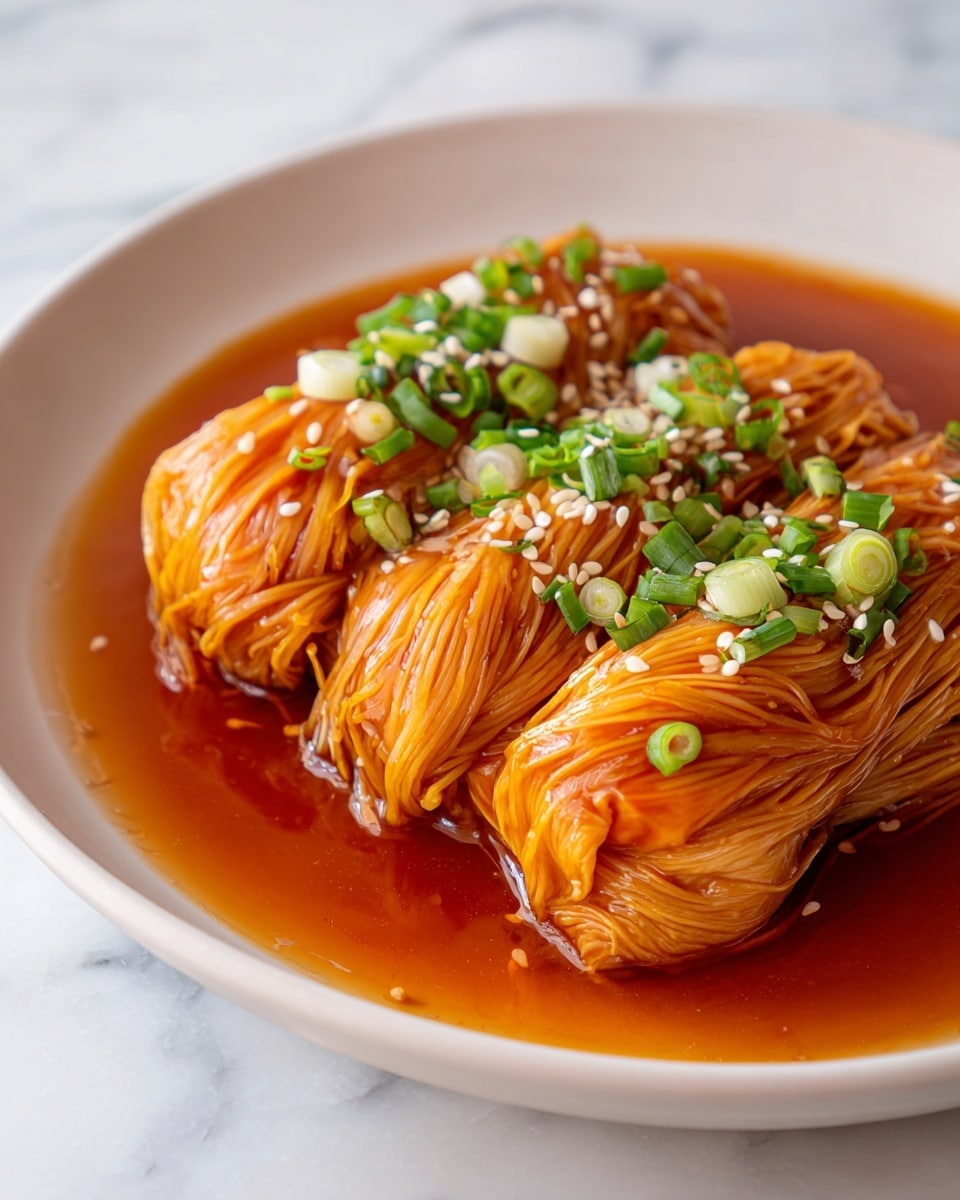 The image shows three small bundles of orange-red enoki mushrooms covered in a thick, shiny sauce with a smooth texture, arranged side by side in a white plate. The mushrooms have fine, long, and thin strands that are tightly packed together, soaked in the sauce that pools around the bottom of the plate. Bright green chopped scallions are scattered on top and around the mushrooms, adding fresh color. Small white sesame seeds are sprinkled evenly across the surface, adding a touch of texture and contrast. The plate rests on a white marbled surface. photo taken with an iphone --ar 4:5 --v 7