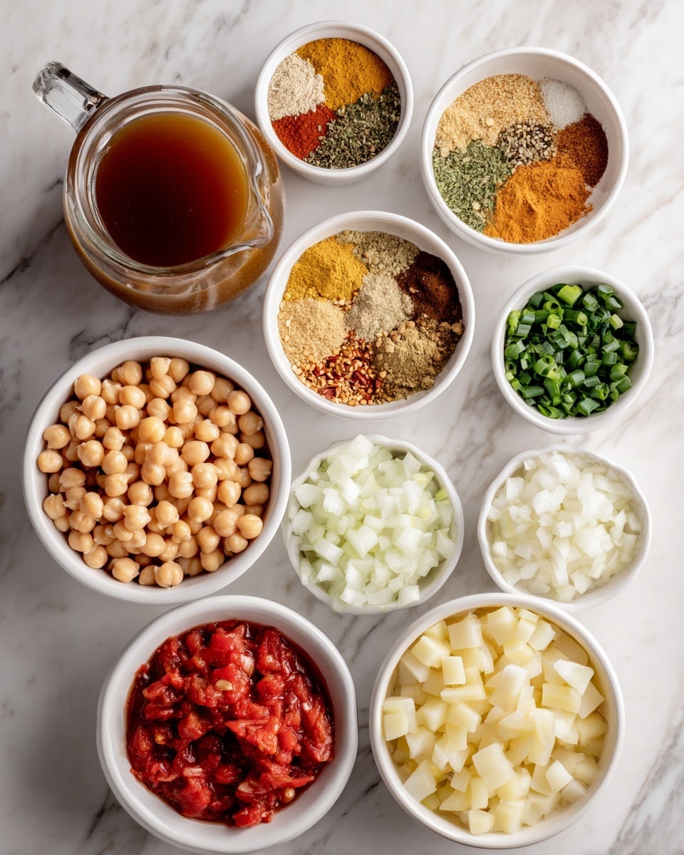The image shows several small white bowls on a white marbled surface, each filled with different cooking ingredients. From left to right, there is a glass jug with brown liquid labeled chicken or veg stock, a small white bowl with mixed spices in shades of yellow, orange, and brown, and a white bowl with green parsley. Below these bowls are two small white bowls filled with light beige chickpeas. To the right, a white bowl contains chopped light green green onions, next to a small white bowl with minced garlic and onion. Below these is a larger white bowl with white chopped onions and another with pale yellow diced potatoes. In front, a small white bowl holds crushed red tomato. The layout is neat and each ingredient is clearly visible. Photo taken with an iphone --ar 4:5 --v 7