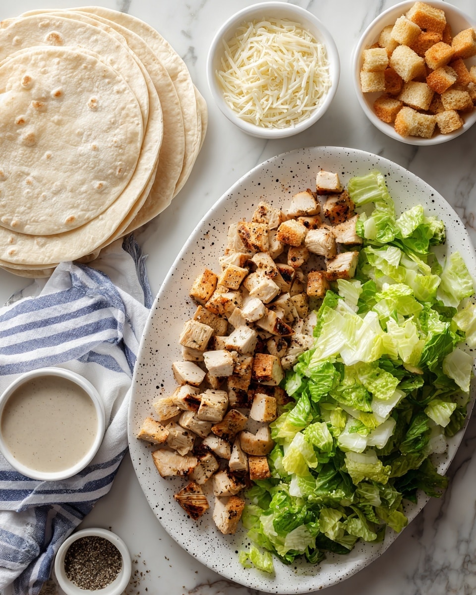 The image shows a top view of a meal setup on a white marbled surface. On the left side, there is a stack of soft, pale beige tortillas resting partly on a blue and white striped cloth. In the center right, a white oval plate with black speckles holds two clear sections: one side is piled with small, cubed pieces of grilled chicken, with a light brown sear and some herbs visible, and the other side is full of fresh, chopped green romaine lettuce. Surrounding the main plate, there are four small white bowls: one with finely shredded white cheese, one with seasoned golden-brown croutons, one with a beige creamy dressing, and one containing a mix of black pepper and salt. The entire arrangement is brightly lit and crisp, with a casual, fresh presentation. photo taken with an iphone --ar 4:5 --v 7