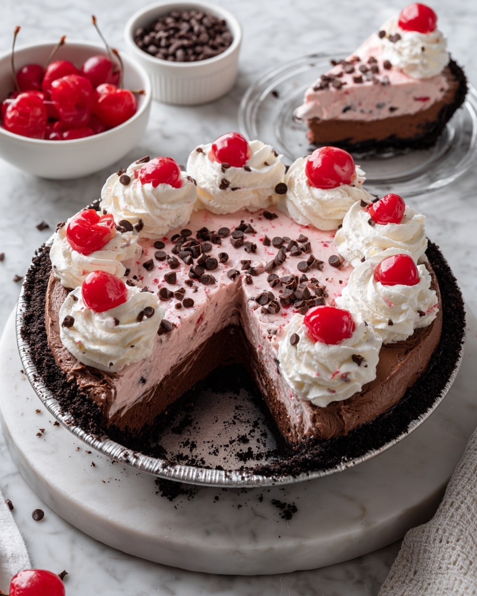The image shows a round pie with four layers, on a white marbled surface. The bottom layer is a dark chocolate crust, firm and crumbly, filling the metal pie pan. Above it is a thick layer of dark chocolate cream, smooth in texture. The next layer is a light pink creamy filling with small chocolate chips scattered inside, covering the whole top surface. On top of the pink layer are evenly spaced swirls of white whipped cream around the edge, each topped with a bright red cherry and sprinkled with small chocolate chips. A slice is missing, showing the clear layers inside. Nearby, a white bowl with more chocolate chips and a white bowl with cherries sit on the white marbled background, along with a smaller clear plate holding the missing slice. Photo taken with an iphone --ar 4:5 --v 7