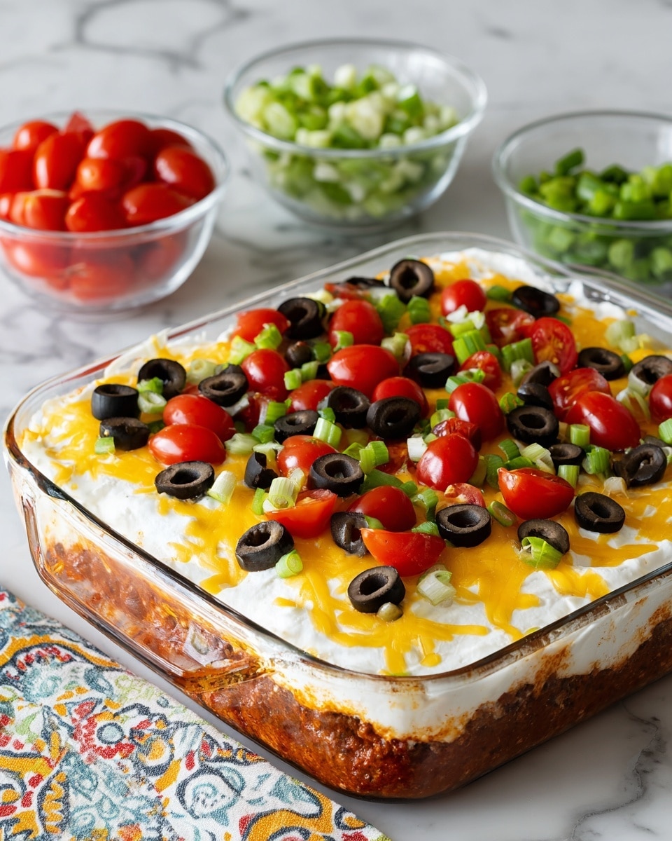 A glass dish shows a layered casserole with a base of a reddish brown meat sauce, topped by a thick white creamy layer covering the whole dish. Over the white layer is melted yellow cheese spread evenly. On top are scattered black olive slices, bright red quartered cherry tomatoes, and chopped green onions. To the right side of the dish are three small clear bowls filled with quartered tomatoes, chopped green onions, and black olive slices. The setting is on a white marbled surface with a patterned cloth partly visible at the bottom. photo taken with an iphone --ar 4:5 --v 7