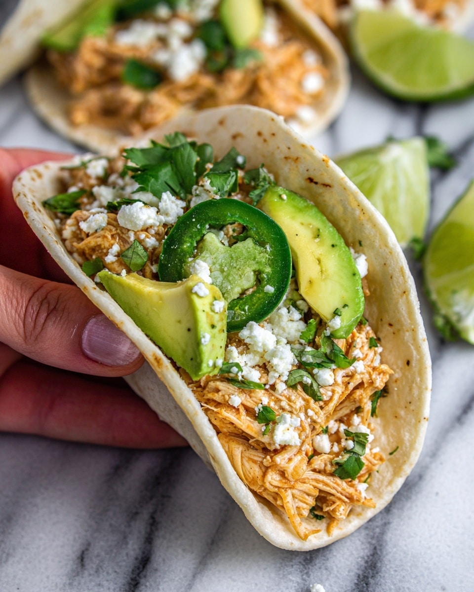 A close-up shows a woman's hand holding a small white soft tortilla filled with shredded cooked chicken in light brown color, topped with white crumbly cheese, a slice of bright green jalapeño pepper, small green cilantro leaves, and two pieces of sliced avocado in pale green with a smooth texture. The taco is folded over with the ingredients peeking out from the sides. In the blurred background, other tacos and lime wedges lie on a white marbled surface. The photo taken with an iphone --ar 4:5 --v 7