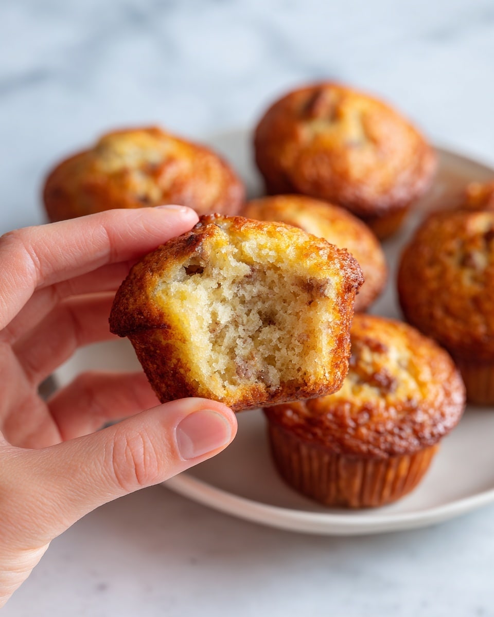 A close-up view of a small muffin held by a woman's hand with the thumb and index finger, showing a soft, moist inside with small brown and light beige bits mixed throughout. The muffin’s outer layer is golden yellow and slightly crisp. In the blurred background, several more muffins sit on a white plate, all with the same golden color. The scene is set on a white marbled surface. photo taken with an iphone --ar 4:5 --v 7