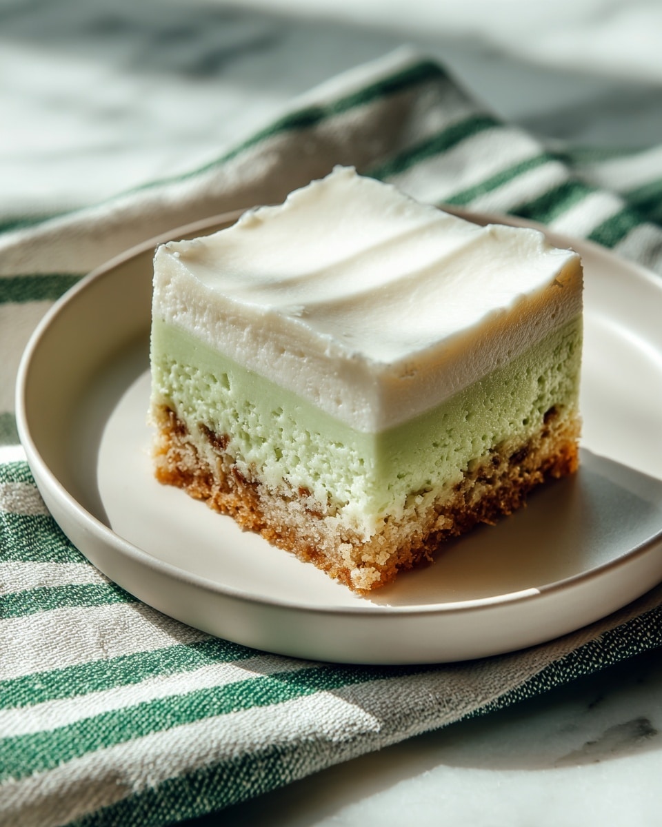 A square piece of dessert on a white plate, with two clear layers: a thick, moist light green base that looks soft and spongy with small brown bits inside, topped by a thick white creamy layer with a smooth texture that evenly covers the green base. The plate is placed on a white marbled surface with a striped cloth underneath showing green and white stripes. The lighting is natural, highlighting the smoothness and freshness of the cream and the moist look of the green layer. photo taken with an iphone --ar 4:5 --v 7