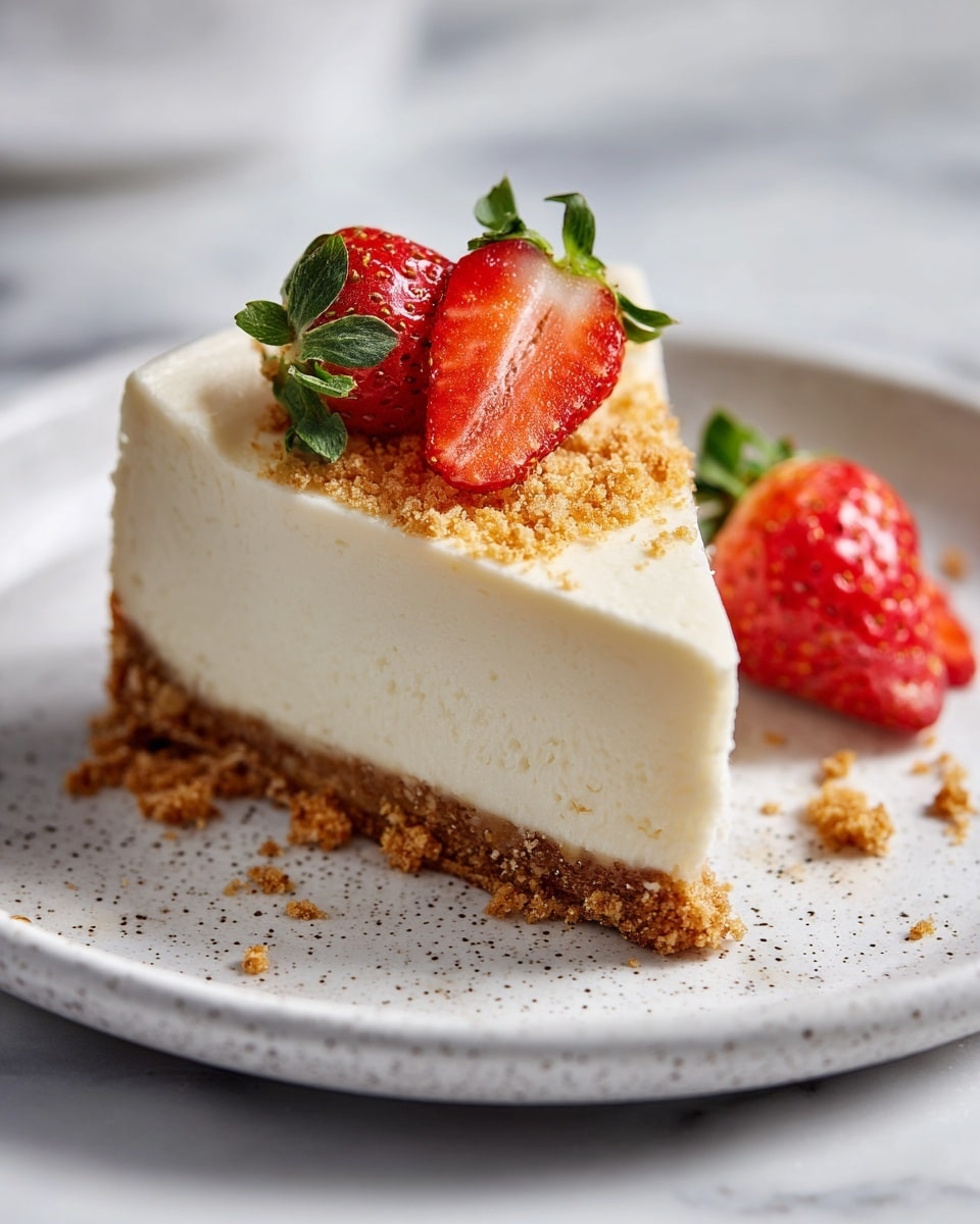 A slice of cheesecake is shown on a white speckled plate with a smooth, creamy white layer forming most of the slice and a thin, light brown crumbly crust at the bottom. On top of the cheesecake, there are two fresh strawberries, one whole and one half, with bright red color and green leaves, placed near the pointed edge of the slice. The plate sits on a white marbled surface with some crumbs scattered around. Photo taken with an iphone --ar 4:5 --v 7