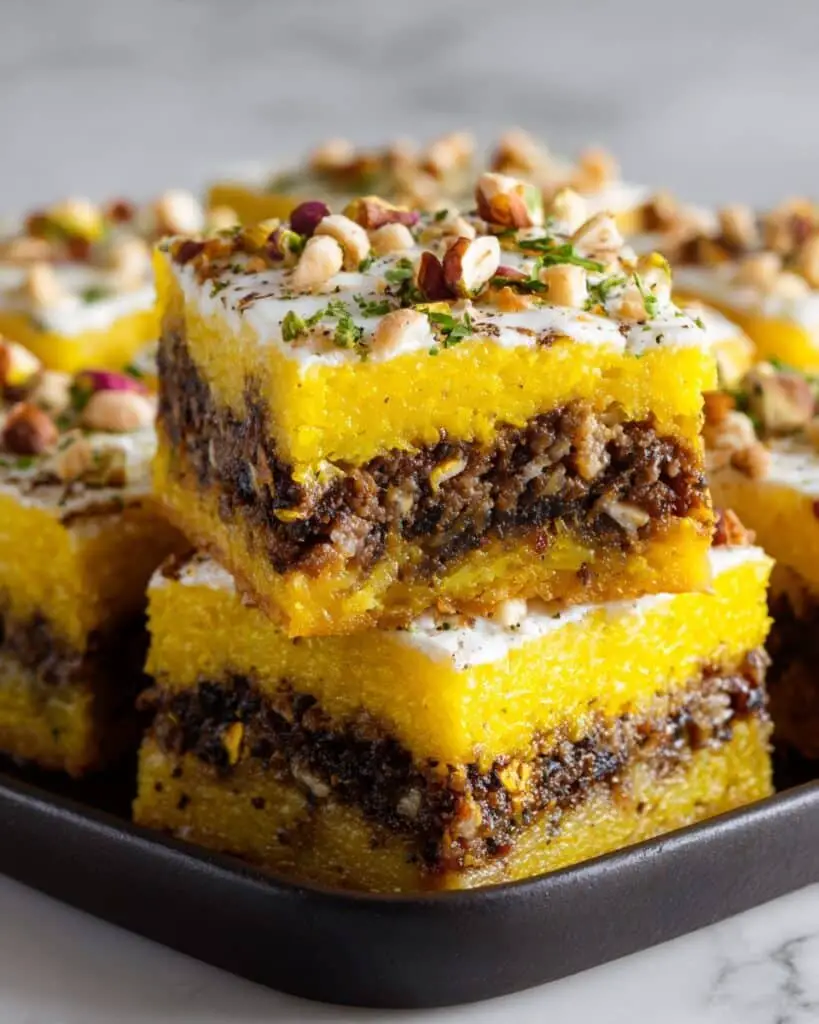 Layered Golden Rice Bake with Spiced Lamb and Saffron Yogurt Recipe