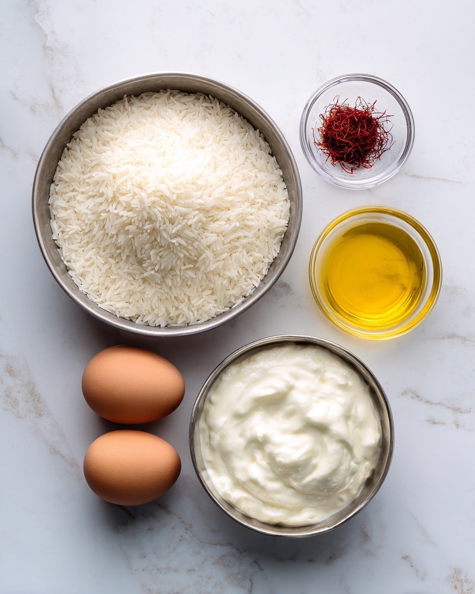 The image shows six main items placed on a white marbled surface. On the left side, there is a large round metal bowl filled with uncooked white basmati rice, which looks fine and long-grained. Below this bowl, two brown eggs sit side by side. At the top center of the image, there is a small clear container with a small amount of deep red saffron threads neatly placed beside a small glass bowl filled with golden yellow olive oil. On the right side, a medium-sized metal bowl contains thick, creamy white yogurt with a smooth texture. The arrangement is simple and clean with a top-down view. Photo taken with an iphone --ar 4:5 --v 7