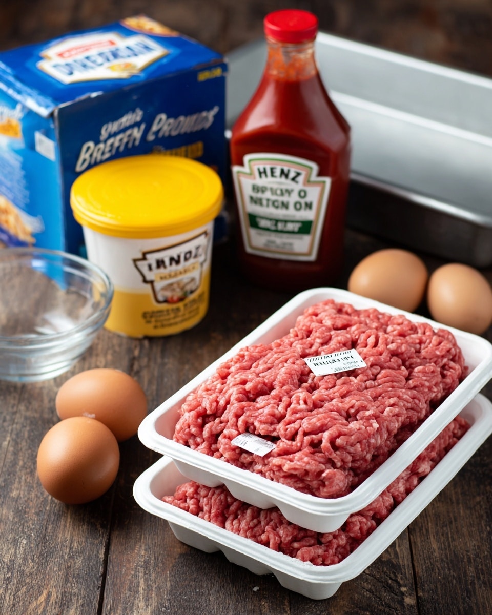 The image shows raw ground beef in two stacked white foam trays with labels on top, placed next to a blue and yellow container of Progresso bread crumbs, a red and white bottle of Heinz tomato ketchup lying on its side, two brown eggs, a glass measuring cup partially visible on the left, a blue box of Lipton Beefy Onion recipe soup and dip mix, and an empty silver baking pan in the background. All items are arranged on a dark wooden surface. photo taken with an iphone --ar 4:5 --v 7