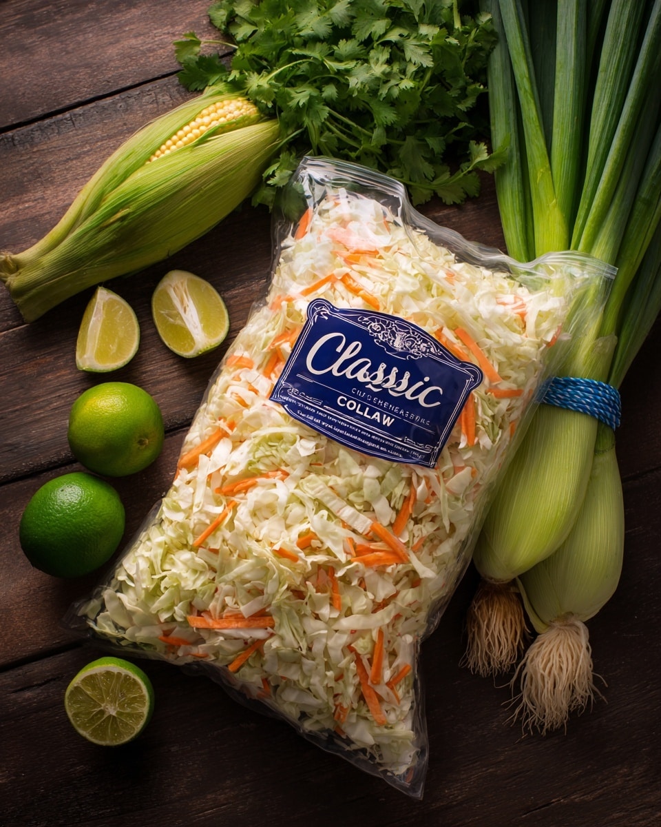 The image shows a sealed clear plastic bag filled with shredded white cabbage and thin orange carrot strips labeled