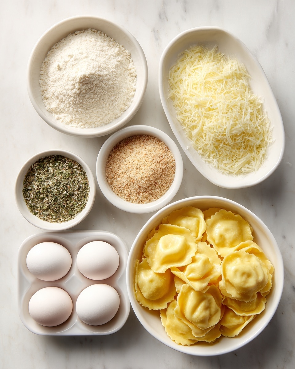 The image shows six white bowls and one white tray arranged on a white marbled surface. The largest bowl at the bottom right is filled with yellow fresh ravioli with a smooth and slightly ruffled texture. Above it to the right is a smaller bowl of finely grated parmesan cheese in pale yellow. To the left of this is a bowl with fine white all-purpose flour. Below that is a bowl of light brown Italian breadcrumbs with a coarse texture. Above breadcrumbs is a bowl containing green Italian seasoning with visible herb fragments. At the top left is a bowl with garlic salt, having a fine, light beige appearance. At the top right, a white tray holds six whole white eggs with smooth shells. Each bowl and tray has black text labeling the ingredient inside. Photo taken with an iphone --ar 4:5 --v 7