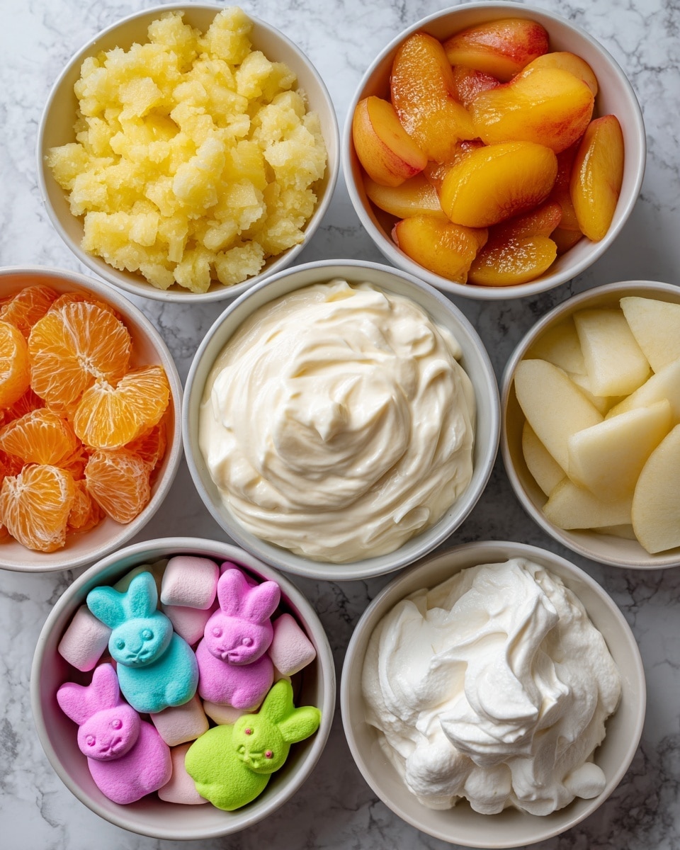The image shows eight bowls and a group of Peeps bunnies arranged on a white marbled surface. At the center, there is a bowl filled with thick, creamy white cheesecake pudding. On the upper left is a bowl of crushed pineapple with a light yellow, slightly chunky texture. On the upper right is a bowl of peaches, displaying bright orange, soft chunks in syrup. Below the pineapple is a bowl of shiny, orange mandarin orange slices, while below the peaches is a bowl of pale, soft pear pieces. Near the bottom center is a bowl of smooth, fluffy white Cool Whip. On the bottom left is a bowl of small, pastel-colored fruit mini marshmallows in shades of pink, yellow, green, and white. Between the marshmallows and the pears, there are six colorful Peep bunnies in pink, yellow, and purple, grouped closely together. Photo taken with an iphone --ar 4:5 --v 7