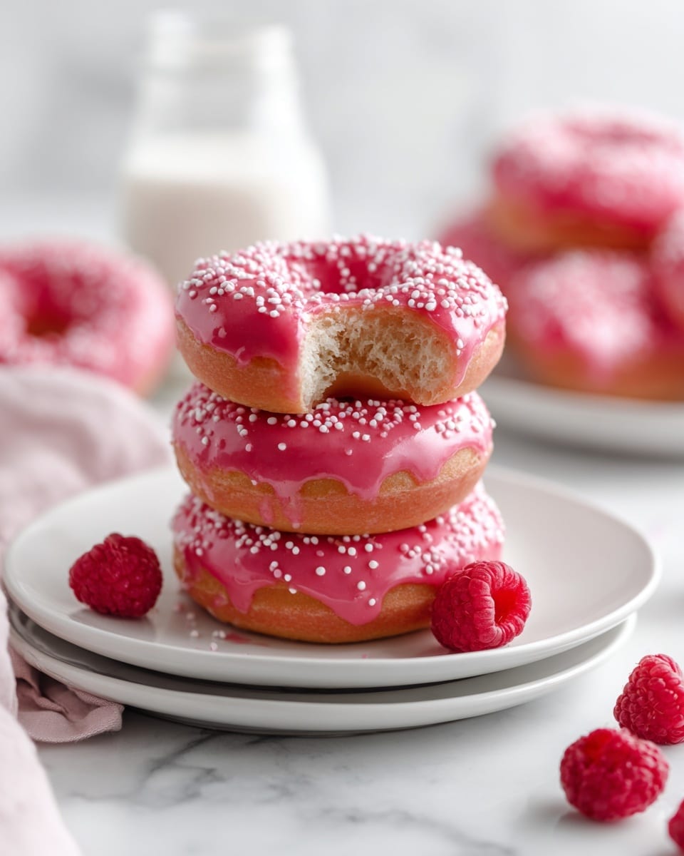 Three donuts with bright pink glaze and white sprinkles are stacked on a white plate, which is on top of another white plate. The top donut has a bite taken out, showing a soft, light brown inside. Two fresh raspberries sit next to the bottom donut. In the background, there is a small glass bottle of milk and more donuts on white plates, all set on a white marbled surface. The focus is sharp on the donuts in front with a soft, blurry background. photo taken with an iphone --ar 4:5 --v 7