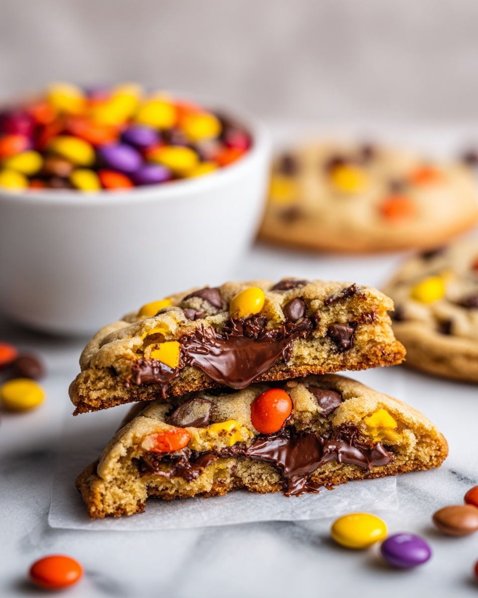 The image shows a close-up of soft chocolate chip cookies with colorful candy-coated chocolates scattered on top and inside. The main focus is on a half cookie held above a whole cookie, revealing a thick, melted chocolate layer inside, warm and shiny. The cookie dough looks golden brown with dark chocolate chips and orange, yellow, and brown candy pieces. In the background, there is a white bowl filled with similar colorful candy-coated chocolates. All items rest on a white marbled surface, creating a clean and bright look. photo taken with an iphone --ar 4:5 --v 7