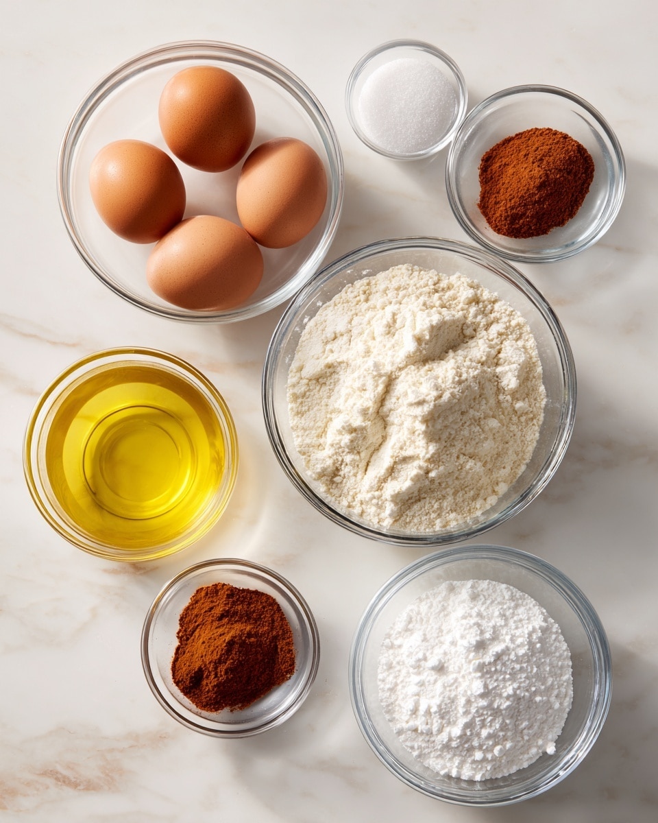 A white marbled surface holds seven clear glass bowls arranged loosely in a circle. In the center is a bowl with four brown eggs, smooth and round. Moving clockwise, a bowl with transparent oil shining golden yellow, a bowl full of white flour with a powdery texture, a bowl with white sugar granules, a tiny bowl with white salt crystals, a small bowl filled with reddish-brown cinnamon powder, and lastly a small bowl containing white baking powder. Each bowl is simple and clear, showing the different textures and colors of the ingredients clearly. photo taken with an iphone --ar 4:5 --v 7