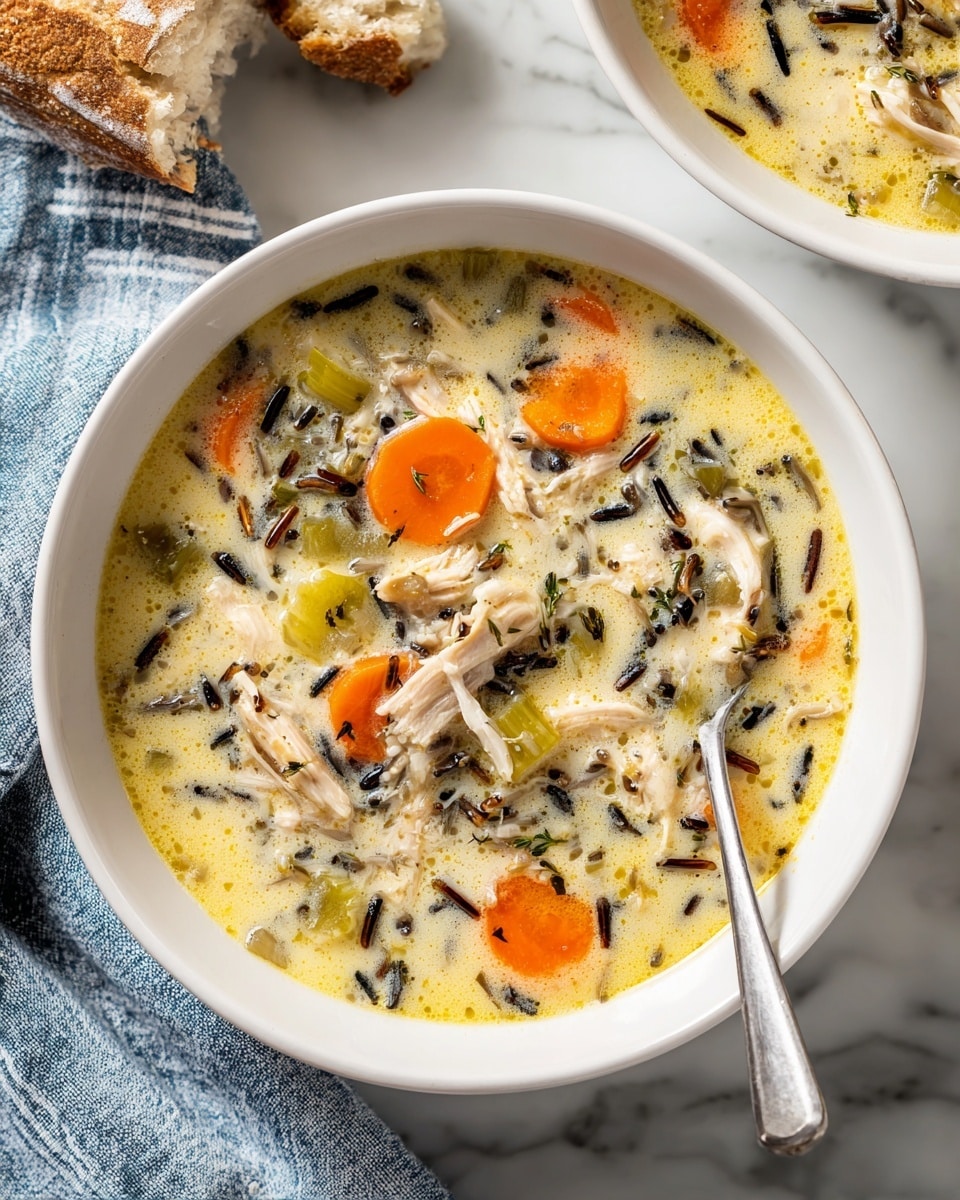 A white bowl filled with creamy soup containing shredded white meat, orange carrot slices, light green celery pieces, and dark wild rice scattered throughout the light yellow broth with some foam bubbles on top. A silver spoon rests inside the bowl on the right side. The bowl sits on a white marbled surface next to a folded blue striped cloth and a piece of torn bread is visible in the background. Another similar bowl is partially shown behind the first one. photo taken with an iphone --ar 4:5 --v 7