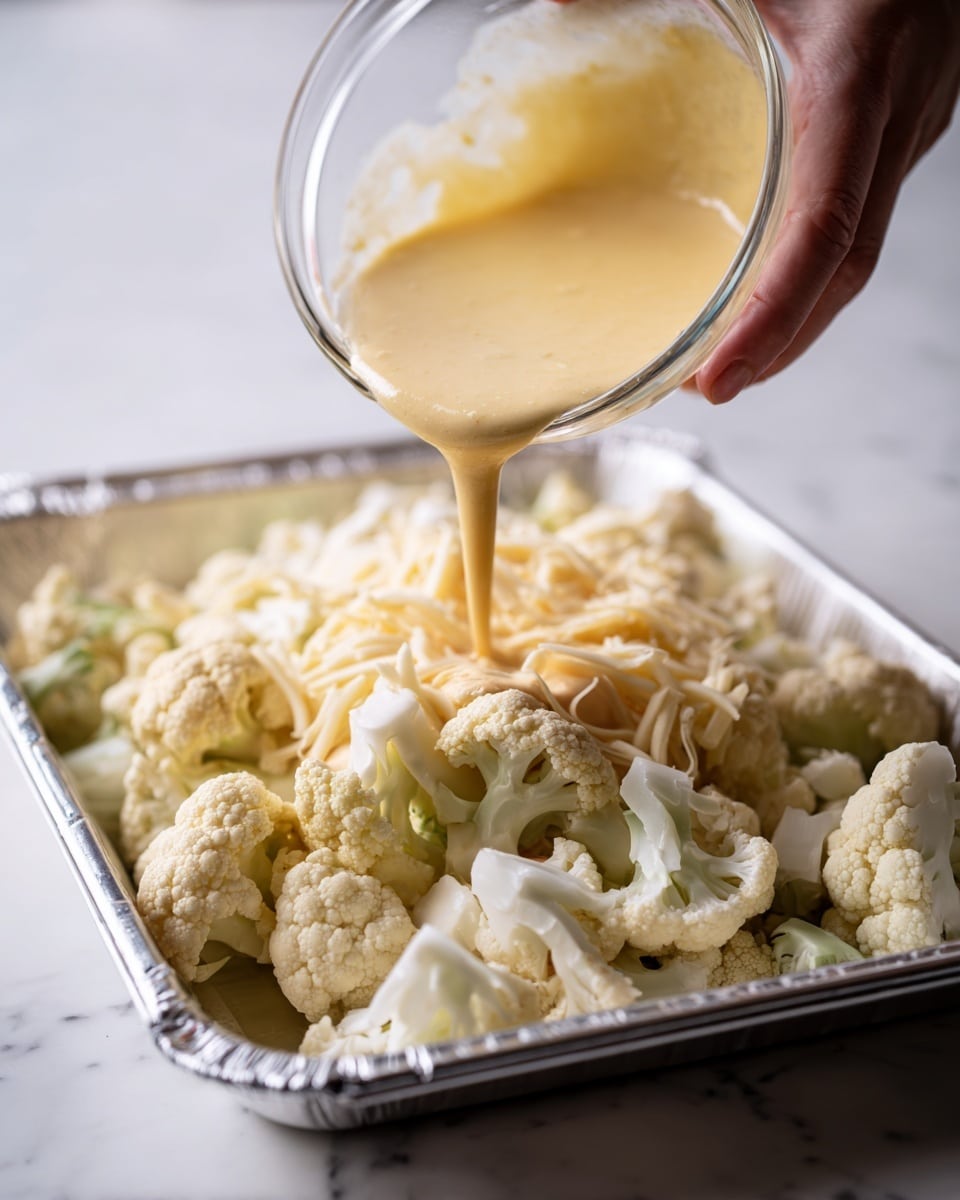 A silver tray filled with a layer of raw cauliflower pieces showing their pale white and light green colors with soft, bumpy textures. Above the cauliflower, a transparent bowl is pouring a thick, creamy light yellow sauce mixed with shredded cheese over the vegetables, creating a smooth flow of sauce that covers the cauliflower in the center. The scene is set on a white marbled surface, with a woman's hand holding the bowl. photo taken with an iphone --ar 4:5 --v 7