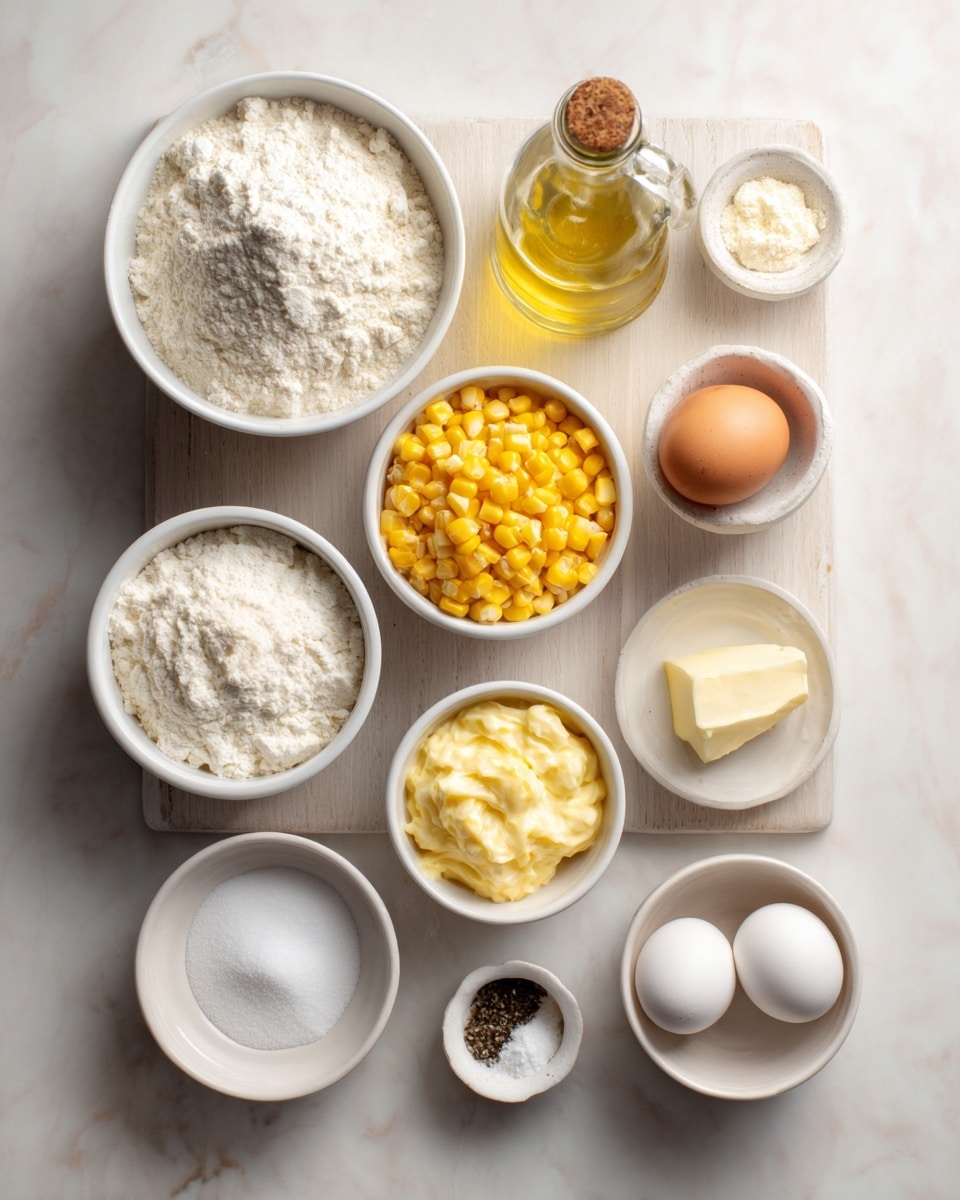The image shows a wooden board with eleven ingredients neatly placed in small white bowls or containers. From the top left, there is a white bowl filled with flour, next to a clear bottle of oil. In the middle row, there is a white bowl with bright yellow whole corn, a small white bowl with creamed corn that looks creamy and yellow, and a tiny white bowl with white sugar. In the bottom row, from left to right, there are small piles of salt and pepper, a small white bowl with white egg whites, a small white measuring spoon with baking powder, and an egg resting on the board. Everything is arranged on a white marbled surface. Photo taken with an iphone --ar 4:5 --v 7