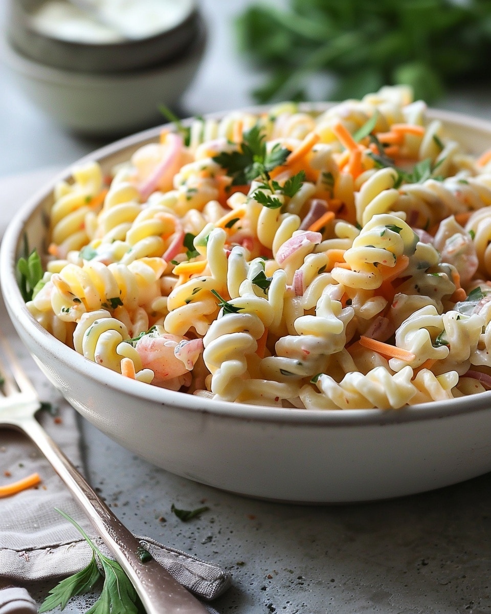 A close-up of a white bowl filled with creamy macaroni salad, showing small spiral pasta coated in a light yellow creamy sauce mixed with bits of red bell pepper and small pink ham cubes. On top, a silver fork holds some pasta pieces, lifting them above the bowl. Behind the bowl, there is a large clear glass bowl filled with the same macaroni salad, all sitting on a blue checkered cloth over a white marbled surface. The colors in the salad include pale cream, yellow, red, and pink. Photo taken with an iphone --ar 4:5 --v 7