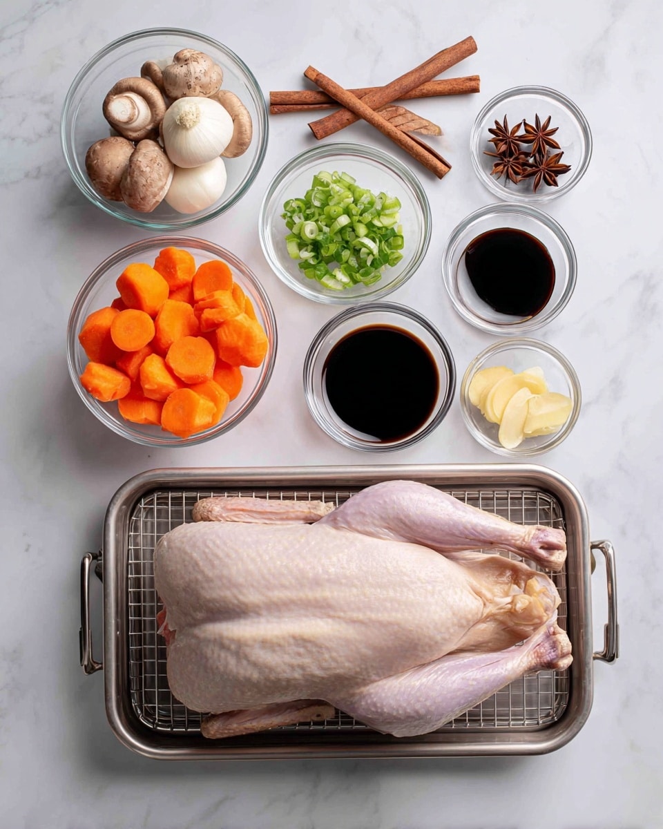 The image shows several ingredients arranged on a white marbled surface. On the right, a raw whole duck with a pale pink skin lies on a wire rack inside a metal tray. To the left of the duck, there are clear glass bowls with chopped bright orange carrots and sliced white mushrooms with dark centers. Above these, a halved white onion and a bowl of chopped green onions are placed. At the top middle, a brown cinnamon stick and a clear bowl with star anise are seen. To the right of the spices, three small clear bowls contain dark soy sauce, thin slices of light yellow ginger, and coarse white salt. The whole setup is clean and neatly organized. Photo taken with an iphone --ar 4:5 --v 7