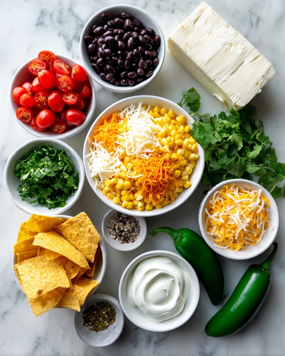 The image shows an overhead view of various fresh ingredients neatly arranged on a white marbled surface. At the center, there is a white bowl filled with bright yellow corn kernels topped with shredded orange and white cheese. Surrounding this bowl are smaller white bowls containing halved red grape tomatoes with green cilantro leaves, chopped green cilantro leaves, black beans, and white sour cream with a smooth texture. There is also a block of crumbly white cheese on the surface. To the right, two whole green jalapeño peppers are placed next to a white bowl filled with yellow tortilla chips. In addition, small white bowls contain coarse salt and a mix of spices. One green jalapeño is cut in half, revealing its pale green interior and seeds. photo taken with an iphone --ar 4:5 --v 7