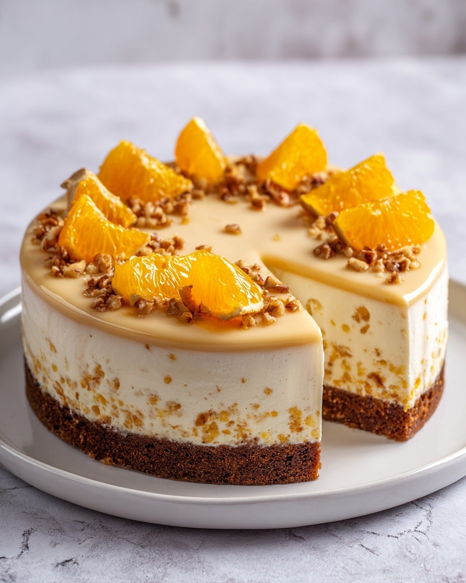 A thick slice of fruit cake sits on a white plate with speckled details, showing one visible layer of light brown cake dotted with dark raisins and bright orange fruit pieces inside, topped with an off-white creamy frosting that looks smooth, and decorated with three whole pecans on top near the edge; in the blurred background, the rest of the cake with a similar frosting layer and nut decoration can be seen on another white plate; all set on a white marbled surface with a blurred soft blue cloth underneath the plate. photo taken with an iphone --ar 4:5 --v 7