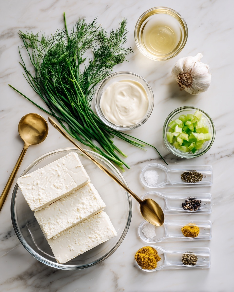 The image shows a cooking ingredient setup on a white marbled surface with a clear glass bowl at the bottom left holding two large white blocks of tofu and a small gold spoon filled with salt resting on the tofu. Above the bowl, there are fresh green chives and dill arranged neatly. To the right of these herbs, a peeled garlic clove is placed. Slightly right and below the garlic, a small clear glass bowl contains cut green celery. Next to it, a similar small bowl holds a smooth creamy white vegan mayo. Above that, another glass bowl contains pale yellow apple cider vinegar. To the right, there is a row of white measuring spoons with different spices: black salt powder, bright yellow curry powder, mustard, and black pepper grains, all spaced evenly. The whole scene is bright and clean, highlighting the fresh and powdered ingredients. photo taken with an iphone --ar 4:5 --v 7