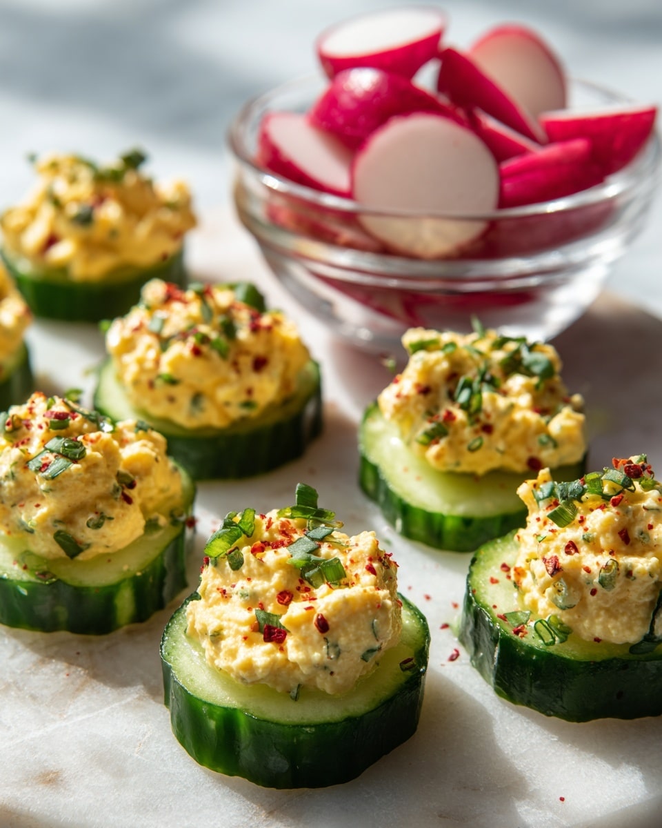 The image shows several small cucumber slices arranged on a white marbled surface, each topped with a scoop of a creamy yellow egg salad mixed with small green herbs and sprinkled lightly with red paprika. In the background, there is a small clear glass bowl filled with white and bright red pickled radish pieces. The cucumber slices have a dark green skin and light green flesh, providing a fresh contrast to the creamy, textured, and slightly chunky egg salad. The lighting is bright and natural, highlighting the colors and textures of the food. Photo taken with an iphone --ar 4:5 --v 7