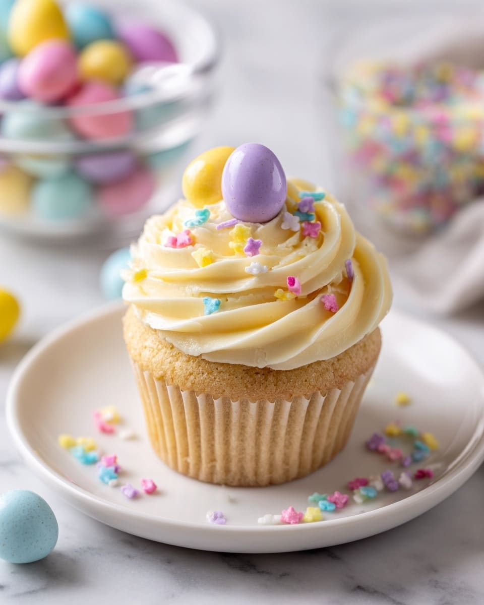 A single cupcake sits centered on a plain white plate, which rests on a white marbled surface. The cupcake has a light golden-brown base topped with a thick swirl of creamy pale yellow frosting. On the frosting, there are small pastel-colored sprinkles including pink, yellow, blue, and white shapes scattered all around, adding a playful look. In the second image, three small candy eggs in pastel purple, yellow, and pink sit on top of the frosting along with the same sprinkles. In the background, there are two clear glass bowls visible near the top edge of the frame, one filled with pastel-colored candy eggs and the other with the same colorful sprinkles. photo taken with an iphone --ar 4:5 --v 7