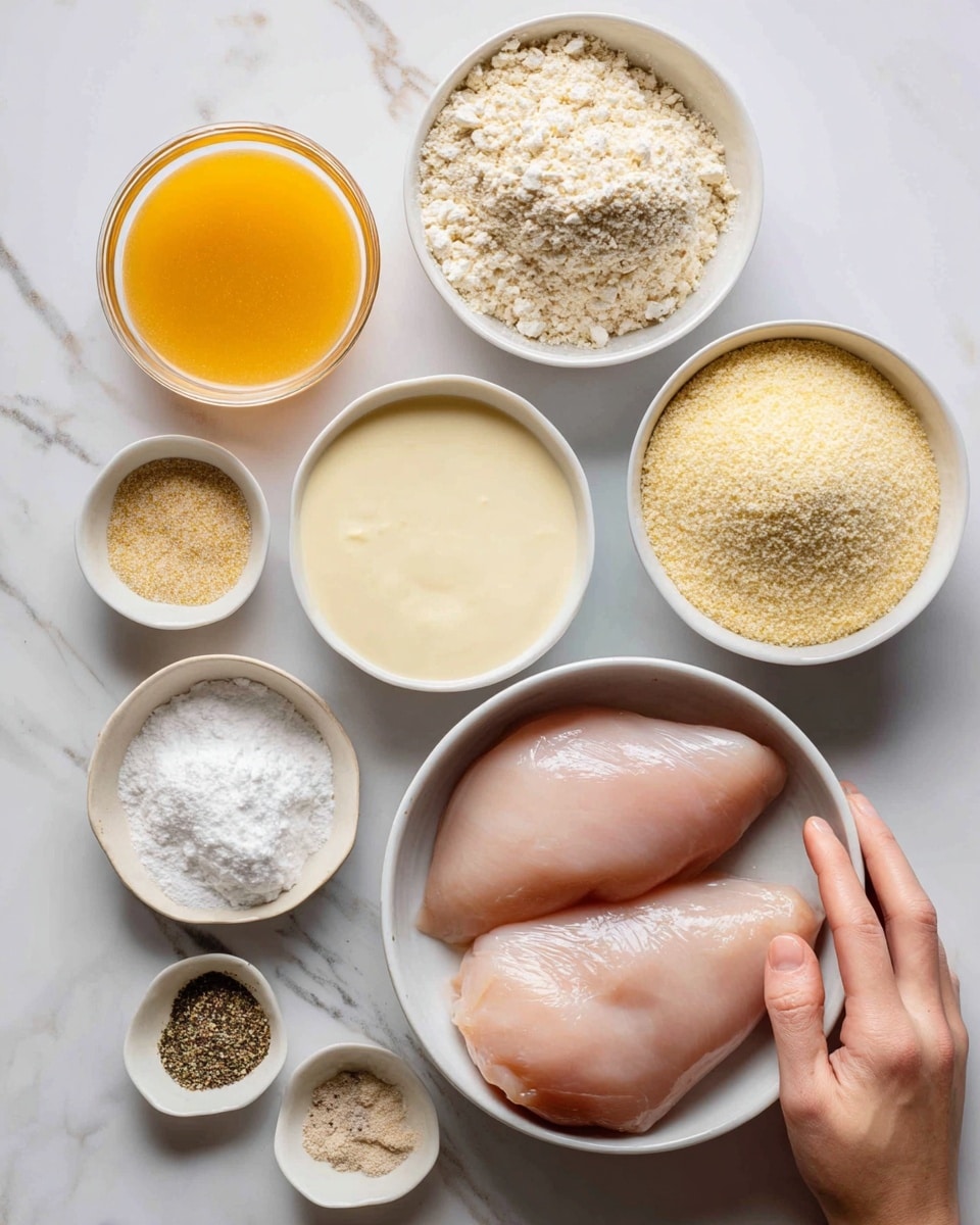The image shows various ingredients arranged neatly on a white marbled surface, including a small glass bowl of orange chicken stock at the top left, a bowl of light beige stuffing mix to the right, a white bowl of sour cream below the chicken stock, and another white bowl of pale yellow cream of chicken just right of the sour cream. Below these are small piles of white and light brown powders labeled butter, onion powder, Italian seasonings, and garlic powder. At the bottom center is a white bowl holding two light pink, raw, skinless, boneless chicken breasts. A woman's hand is gently touching the bowl of chicken breasts. The photo taken with an iphone --ar 4:5 --v 7