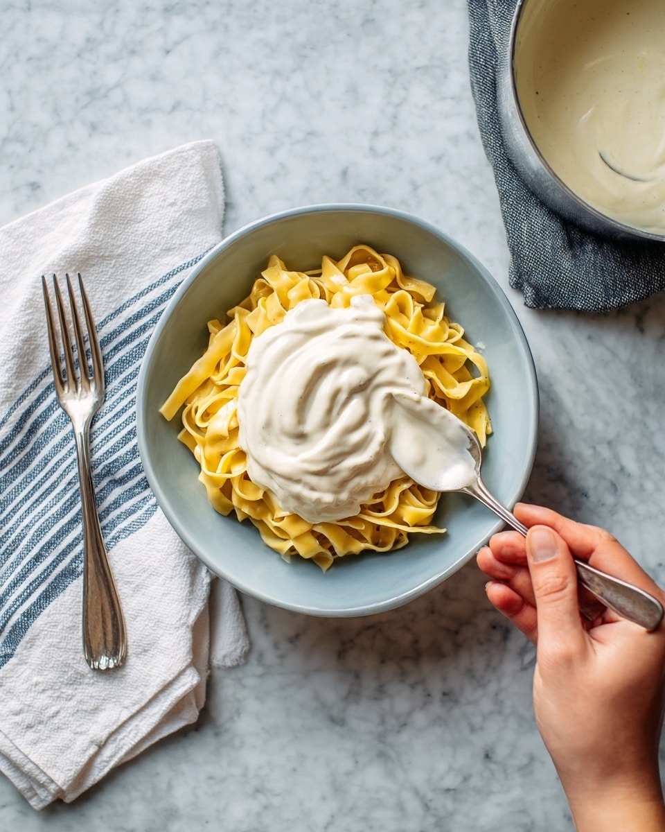 A light blue bowl sits on a white marbled surface, filled with a base layer of yellow pasta ribbons that have a smooth texture, loosely piled in the center. On top of the pasta is a thick, creamy white sauce being spooned generously by a woman's hand holding a ladle from the right side of the image. To the left of the bowl, there is a neatly folded white cloth with blue stripes, with a metallic fork placed on top of it. In the upper right corner, there is a white pot containing more of the creamy sauce resting on a dark gray cloth. The overall setting has a clean and simple look with natural lighting photo taken with an iphone --ar 4:5 --v 7