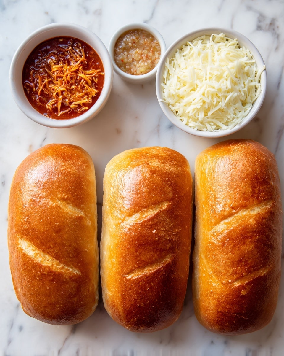 The image shows two golden-brown bread rolls with a shiny crust and two slits on top, placed side by side on a white marbled surface. Above the bread, there are three small white bowls arranged in a row: the left bowl holds a red sauce mixed with shredded ingredients, the middle bowl contains a light brown, grainy sauce, and the right bowl is filled with shredded white cheese. The colors and textures are clear and distinct, with the bread rolls having a smooth and shiny texture, the sauces coarse and varied, and the cheese soft and stringy. Photo taken with an iphone --ar 4:5 --v 7