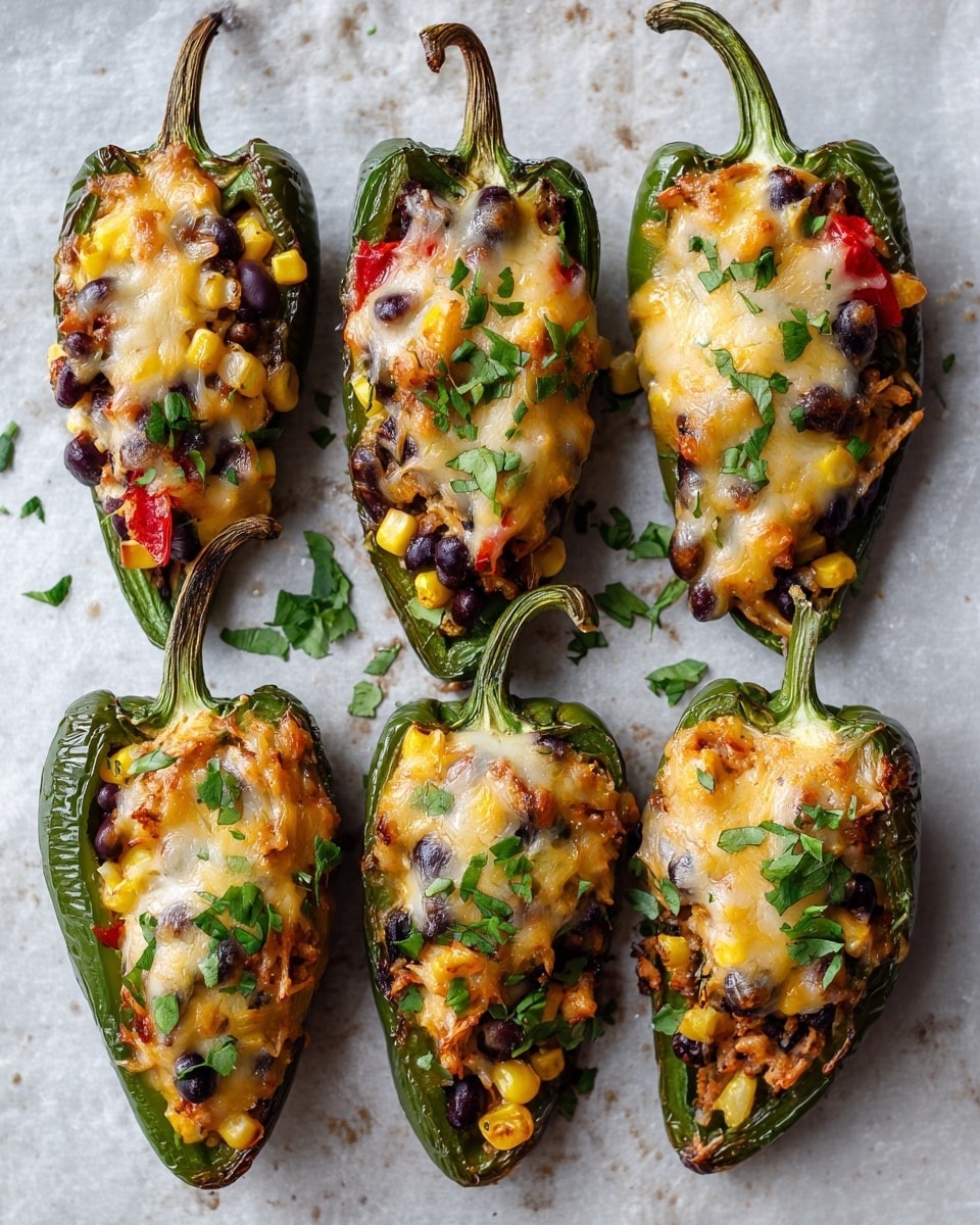 The image shows three green peppers cut in half and filled with a colorful mixture. The filling has a layer of melted, white cheese on top, with visible black beans, small pieces of red tomato, yellow corn, and bits of brown chicken below. Fresh green cilantro leaves are sprinkled over the cheese. The peppers are placed on a white marbled surface. The texture looks soft and gooey on the cheese layer, with a mix of chunky vegetables and chicken underneath. Photo taken with an iphone --ar 4:5 --v 7