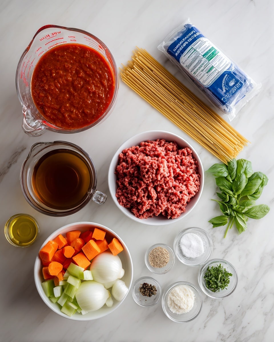The image shows raw ingredients for a spaghetti recipe arranged on a white marbled surface. On the top left is a clear glass measuring cup filled with thick, red spaghetti sauce. To the right is a blue and white package of uncooked spaghetti, lying flat. Below the sauce is another clear glass measuring cup with a brown liquid, labeled as beef broth. In the center is a plastic container filled with bright red ground beef. Near the bottom center is a white bowl holding three diced vegetables: bright orange carrots, light green celery, and white onions. To the right of the bowl are small clear containers filled with white parmesan cheese, plus salt, pepper, garlic powder, and Italian seasoning, all separated in a small white dish. A small glass container holds golden olive oil. Fresh green basil and parsley are placed next to the seasoning. The photo taken with an iphone --ar 4:5 --v 7