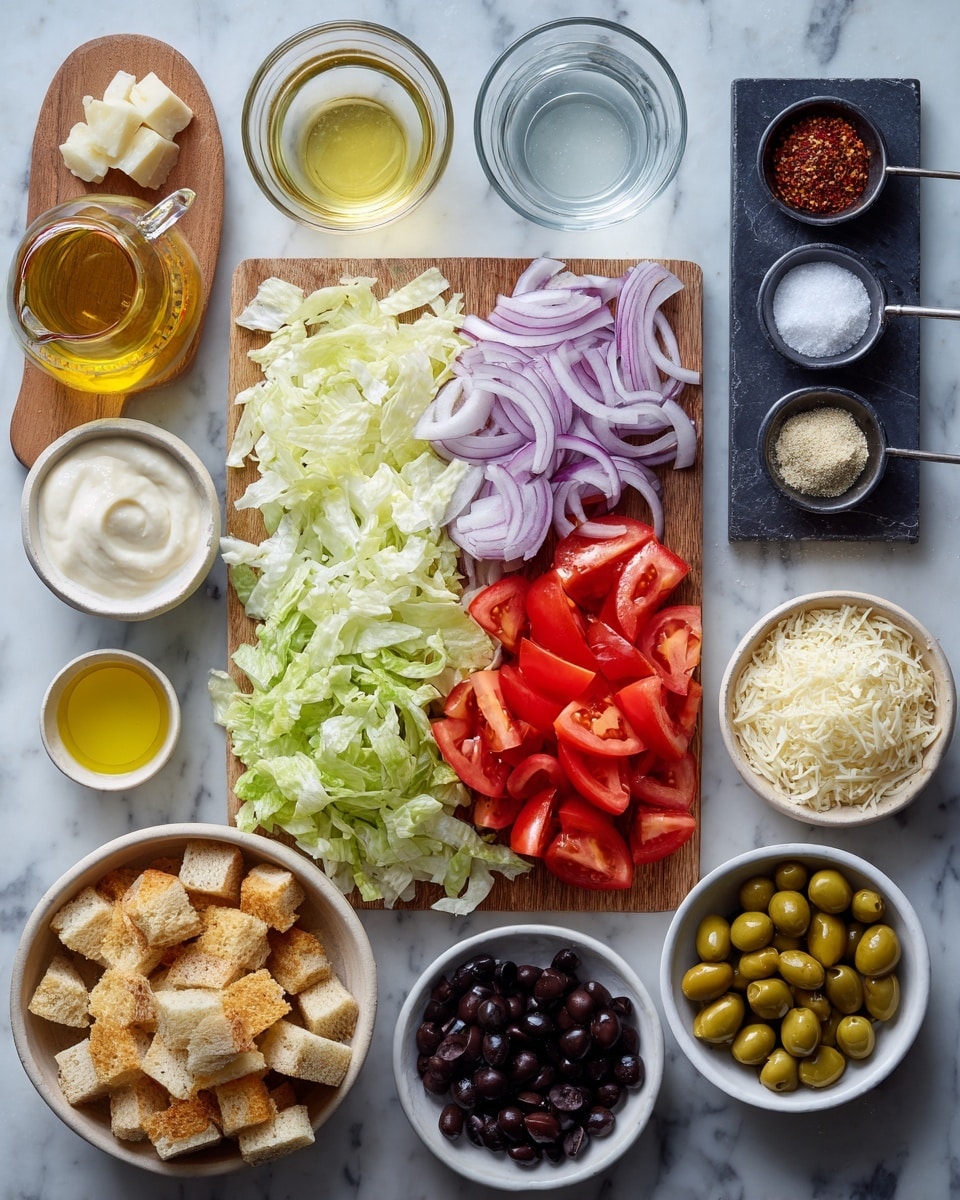 The image shows a white marbled surface with various salad ingredients arranged neatly. At the center, there is a wooden board holding chopped iceberg lettuce, roughly sliced red onion rings in purple and white shades on the left, and a row of bright red, round Roma tomato slices on the right. Above the board, a small black slate tray contains four measuring spoons filled with white salt, black pepper, granulated sugar, and red pepper flakes, along with a small bowl of creamy white mayonnaise. To the left, there is a glass measuring cup with golden olive oil and another clear glass measuring cup with white wine vinegar, while a tiny glass holds clear water nearby. Below the wooden board, a white bowl is filled with golden brown croutons, a light grey bowl holds pale green pepperoncini peppers, and another white bowl contains shiny black olives. To the right side of the image, small bowls hold pale minced garlic and yellow lemon juice. On the far left, finely shredded Parmesan cheese and a solid block of cheese sit on a small wooden board. The entire arrangement is bright and colorful with a clean, fresh look, photo taken with an iphone --ar 4:5 --v 7