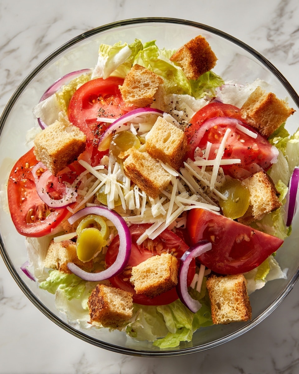 This dish is served in a clear bowl showing several layers starting with a bed of light green lettuce at the bottom. On top, there are thick slices of bright red tomato and thin rings of purple onion scattered around. There are also whole light green pepperoncini peppers placed on the salad. Light brown, textured croutons are spread throughout, adding a crunchy element. Shredded white cheese is sprinkled evenly on top, along with small black olive pieces and a few herbs. The whole salad rests on a white marbled surface. Photo taken with an iphone --ar 4:5 --v 7