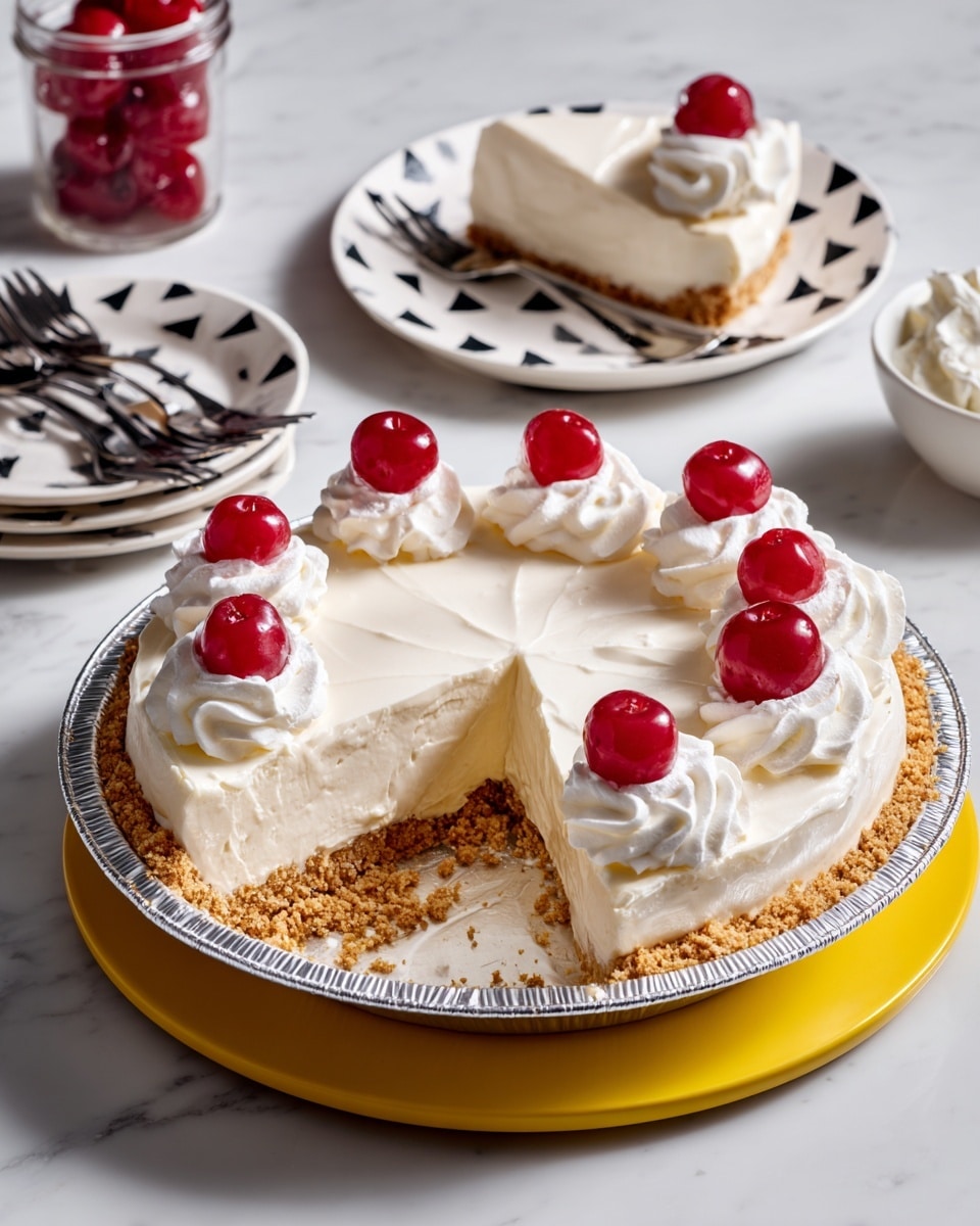 A white pie with a thick crust at the bottom, topped with a creamy white filling and six dollops of white whipped cream evenly placed around the edge, each dollop crowned with a shiny red cherry. One slice is removed, showing the creamy inside and crumbly crust. The pie is in a silver foil pan, placed on a bright yellow round plate. Next to the pie, on a white plate with black triangular patterns around the edge, sits the removed slice, also topped with whipped cream and a cherry. Above, another white plate with the same black pattern holds three silver forks. The entire setup is on a white marbled surface, with a small jar of red cherries and a bowl of whipped cream partly visible. Photo taken with an iphone --ar 4:5 --v 7