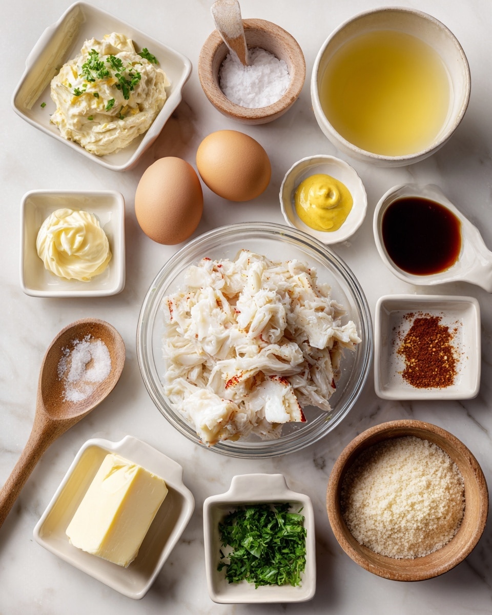 The image shows ingredients for a crab dish arranged neatly on a white marbled surface. In the center, there is a clear bowl filled with chunky white crab meat. Around it, there are small white square dishes containing creamy mayonnaise, chopped parsley, yellow mustard, and a dark Worcestershire sauce. There is a white bowl of pale yellow lemon juice, a beige egg in its shell, a small pile of Italian breadcrumbs, a wooden spoon with Old Bay seasoning, a pat of butter, and salt in a small wooden bowl. The scene looks clean and organized, with each ingredient clearly visible and spaced apart. Photo taken with an iphone --ar 4:5 --v 7