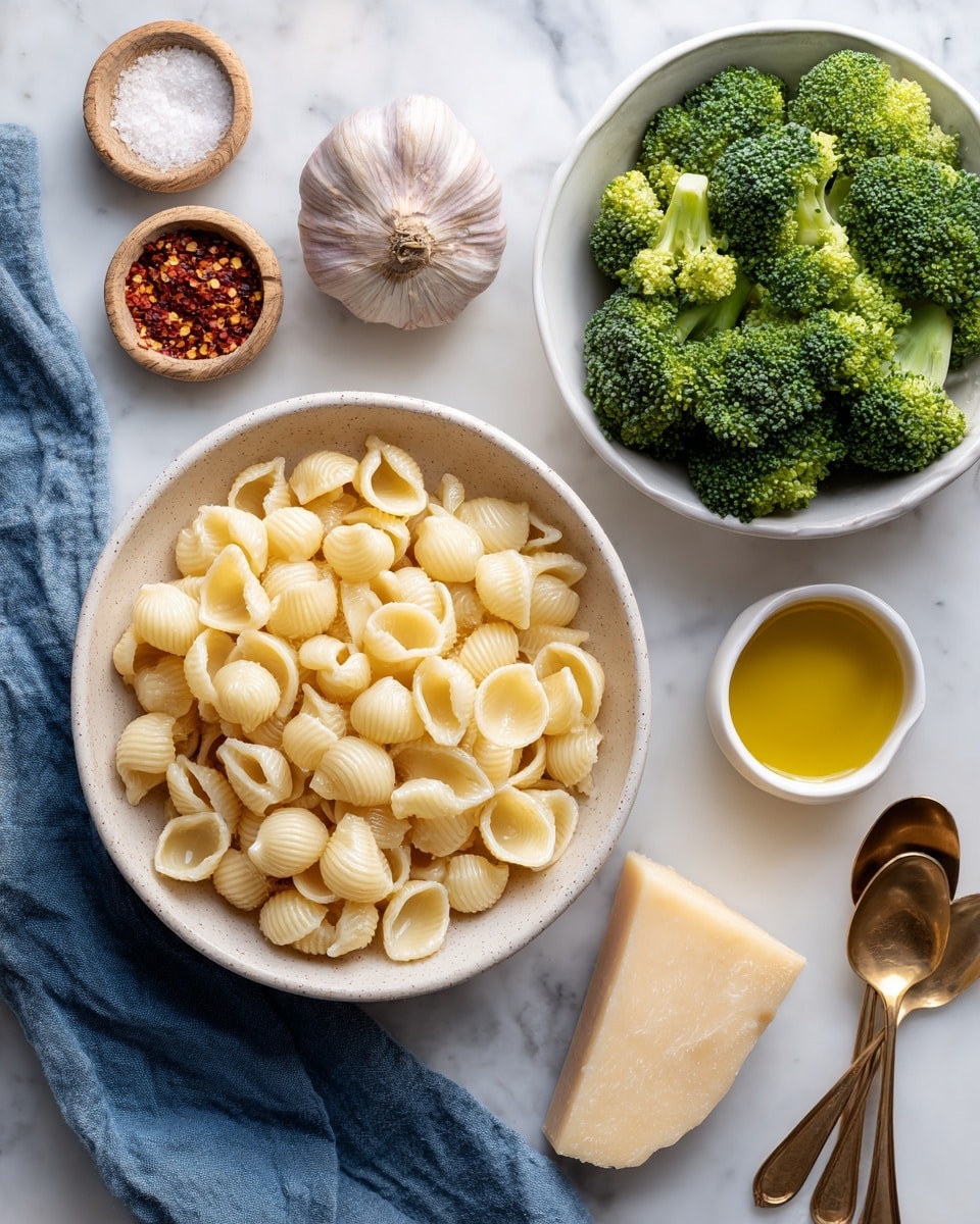 The image shows several ingredients placed on a white marbled surface with a blue cloth nearby. In the center, a white shallow bowl filled with pale yellow shell pasta is visible. To the top right, a white bowl holds bright green broccoli florets. Below the broccoli, there is a wedge of light tan Parmigiano cheese resting on the surface. To the right and slightly below, a small white cup contains golden yellow extra virgin olive oil (EVOO). Above the pasta bowl, two small brass spoons hold coarse white salt and black pepper. To the left, a whole bulb of garlic sits next to a beige spoon filled with red pepper flakes. The setup is simple and clean with a fresh and natural color palette photo taken with an iphone --ar 4:5 --v 7