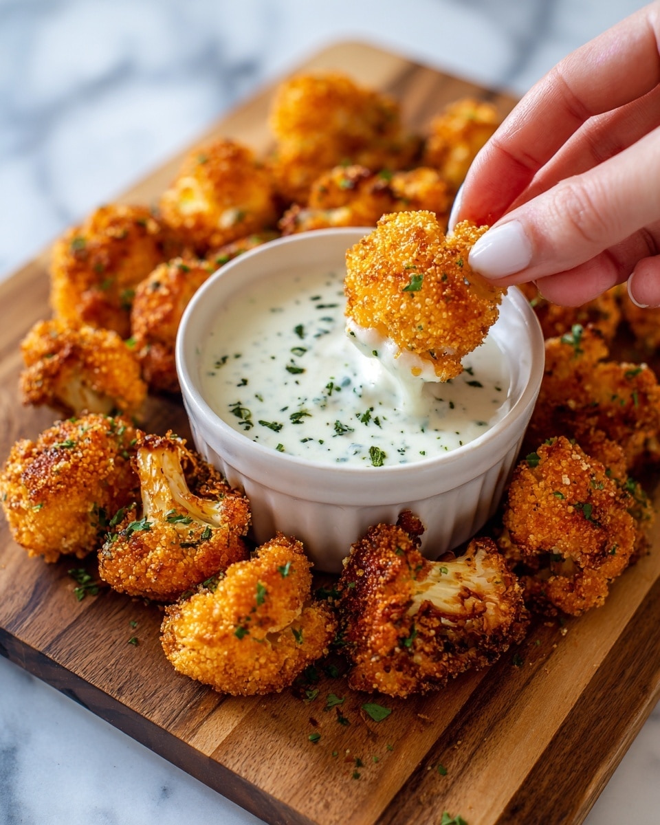A wooden board shows a circle of golden brown crispy fried cauliflower pieces arranged around a small white bowl filled with creamy white sauce sprinkled with green herbs. A woman's hand is holding one cauliflower piece dipped halfway into the sauce. The cauliflower has a crunchy texture with some green herb bits on top. The background is a white marbled surface. photo taken with an iphone --ar 4:5 --v 7