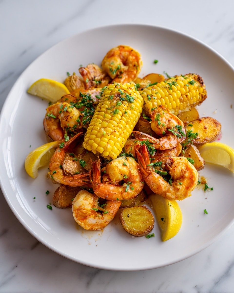 A white plate holds a colorful food mix with three main layers: at the center, two pieces of corn on the cob in bright yellow with some light brown char marks; around the corn, several shrimps in orange-pink tones, with curled tails showing texture; scattered among the shrimp and corn, small golden-brown potato slices with a slightly crispy look, garnished with green herbs; a few yellow lemon wedges are placed around the edges for freshness. The plate sits on a white marbled surface. photo taken with an iphone --ar 4:5 --v 7