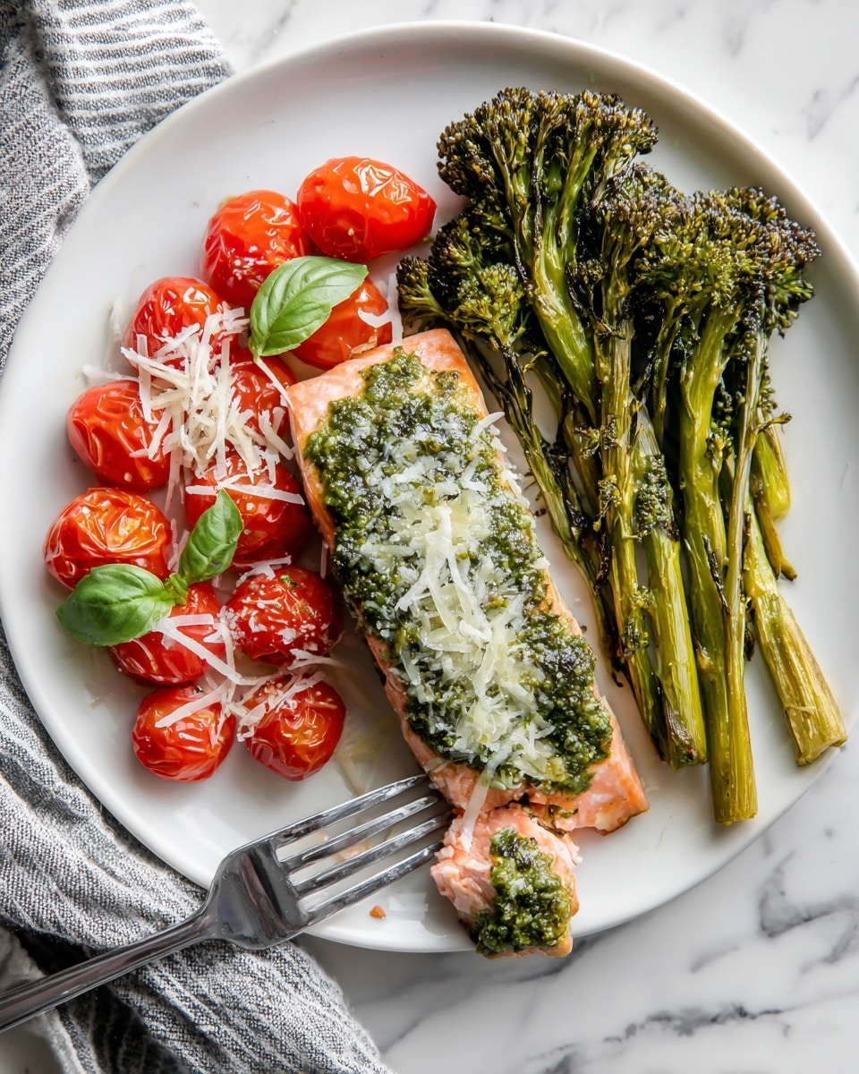 The image shows a white plate with a piece of pink salmon fillet in the middle, topped with a thick layer of green pesto sauce sprinkled with small white cheese flakes. To the left of the salmon are bright red grape tomatoes scattered with fresh green basil leaves and some shreds of cheese. On the right side of the plate, there are several pieces of green broccolini with a slightly roasted texture. A fork is pulling a small piece from the salmon. The plate rests on a white marbled surface with part of a gray and white striped cloth visible on the left side. Photo taken with an iphone --ar 4:5 --v 7