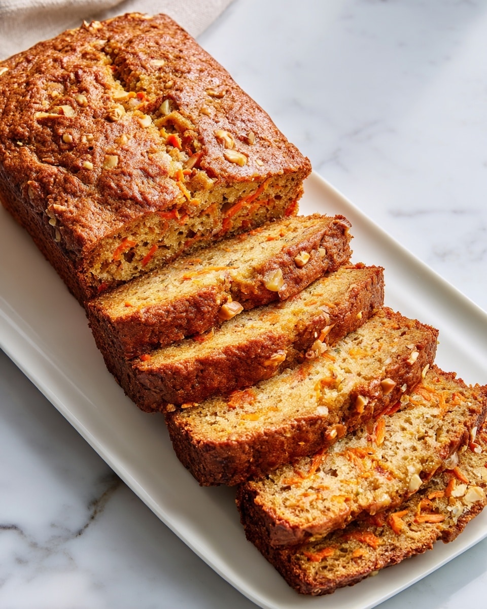 A loaf of carrot nut bread is sliced and placed on a white rectangular plate over a white marbled surface. The bread has a rough, golden-brown crust with small cracks on top. Inside, the bread is light brown with visible pieces of orange carrot shreds and chopped nuts scattered throughout. The texture looks moist and slightly dense, with six even slices layered side by side, showing the interior clearly. Photo taken with an iphone --ar 4:5 --v 7