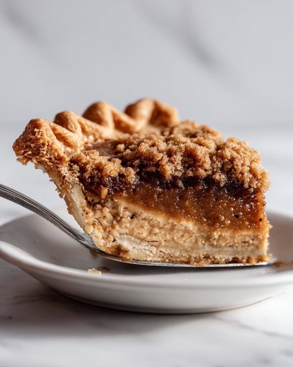 A slice of light brown pie with a rough, slightly bumpy texture and small dark specks is held by a metal pie server, showing a close view of the top layer. The pie has one thick, firm crust layer around the edges that is golden brown and crimped, holding the pie filling inside. The whole pie sits on a white plate, placed on a white marbled surface. The photo captures the warm color tones and texture of the pie clearly. photo taken with an iphone --ar 4:5 --v 7