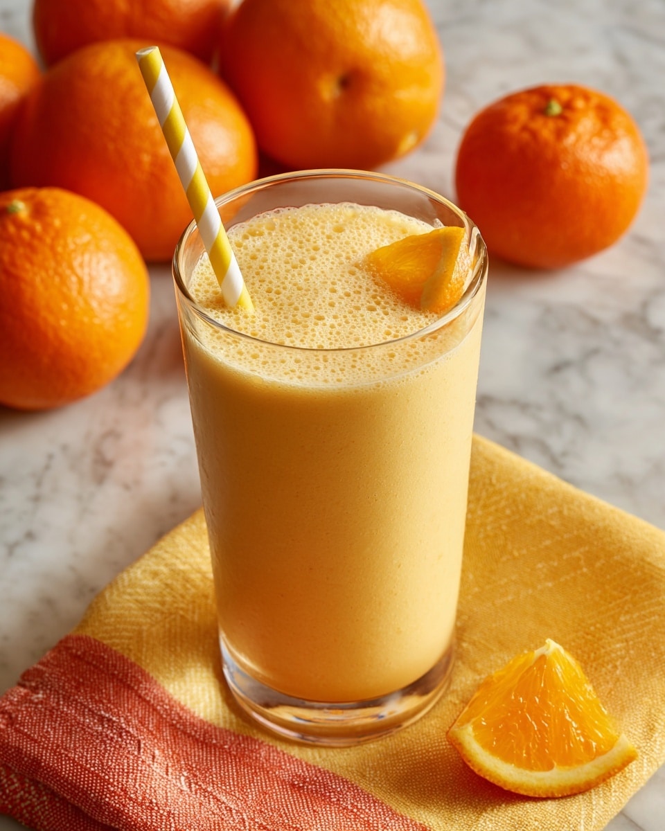 A clear glass holds a creamy orange smoothie with a light foam layer on top, filling about three-quarters of the glass. A yellow and white striped straw leans inside, resting by a fresh orange slice placed on the rim at the top right. In the background, there are whole oranges resting on yellow and orange cloths, all set on a white marbled surface. A quarter orange piece lies in the front right near the glass, adding a fresh detail. Photo taken with an iphone --ar 4:5 --v 7
