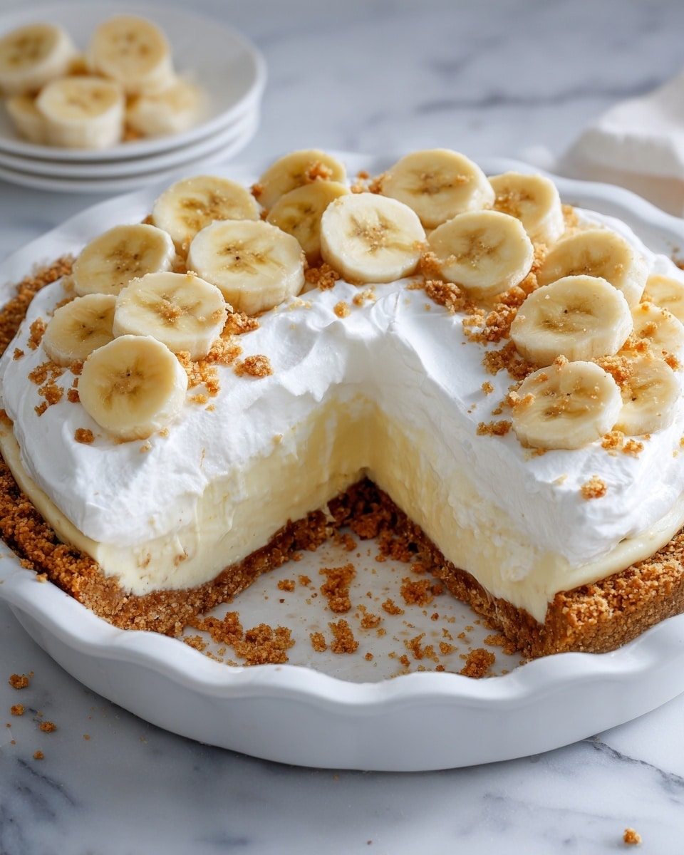 The image shows a round pie with three clear layers inside a white pie dish. The bottom layer is a crumbly, light brown crust. Above it is a creamy, pale yellow layer that looks smooth and thick. On top is a white whipped cream layer, spread evenly and decorated with many round, thin banana slices placed all over. The pie has a slice missing, revealing the neat layers inside. The dish is on a white marbled surface with a hint of crumbs around the cut part. Photo taken with an iphone --ar 4:5 --v 7