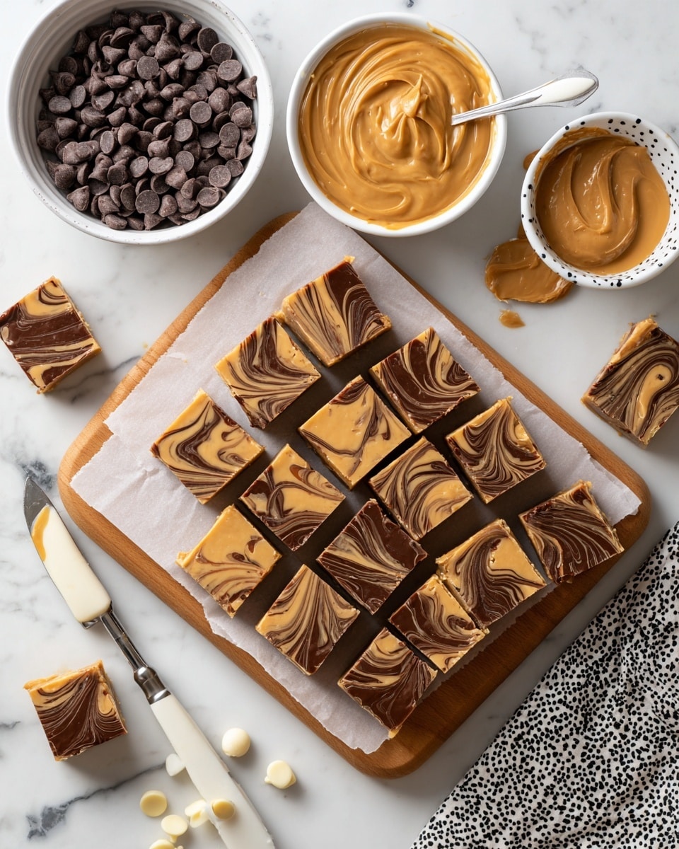 A wooden cutting board on a white marbled surface holds a layer of parchment paper with 30 pieces of square fudge arranged neatly on top. The fudge has two marbled layers: a light brown creamy base swirled with a dark brown chocolate pattern, creating a smooth and glossy texture. Several fudge squares are scattered around the board. To the top left, there is a white bowl filled with milk chocolate chips, and directly above the board is a white bowl filled with creamy peanut butter. To the top right, a white bowl with black dots contains a silver spoon with a dollop of peanut butter. A knife with a white handle lies diagonally on the bottom left corner on a black and white patterned cloth. White chocolate chips are scattered on the marbled surface near the bottom right corner. photo taken with an iphone --ar 4:5 --v 7